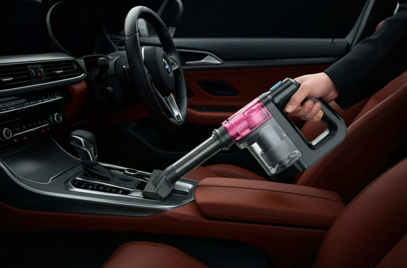 Car Vacuums Featured Image: A professional studio photograph of a sleek handheld car vacuum in action, cleaning a pristine car interior, sharp focus on the vacuum and upholstery, vibrant colors, soft dramatic lighting, modern car dashboard in the background, highly detailed, realistic textures, 4k resolution, cinematic depth of field