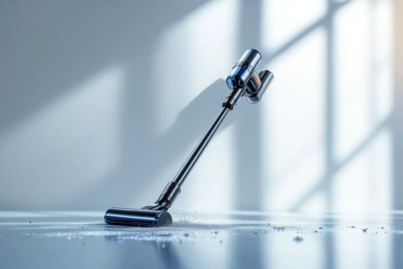 Professional product photography of a sleek cordless stick vacuum cleaner against a minimalist white background, floating dust particles illuminated by soft directional lighting, crisp details, realistic textures, 50mm lens, shallow depth of field, studio lighting, high-end catalog style, 8K, hyperrealistic