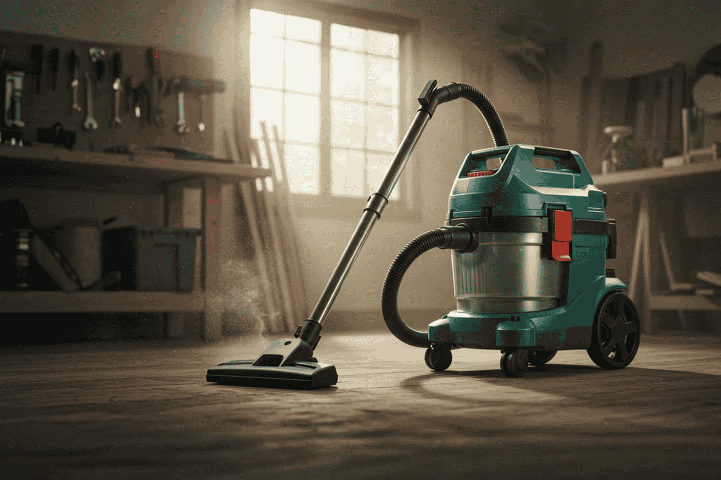 Professional product photography of a modern shop vacuum in a home workshop setting, dramatic lighting, high-end DSLR quality, 16:9 aspect ratio, shallow depth of field with shop vac in crisp focus, hardwood workshop background with soft blur, tools visible but not distracting, natural warm lighting from side window, dust particles visible in light beams, highly detailed, photorealistic, no text, no watermarks, product showcase style