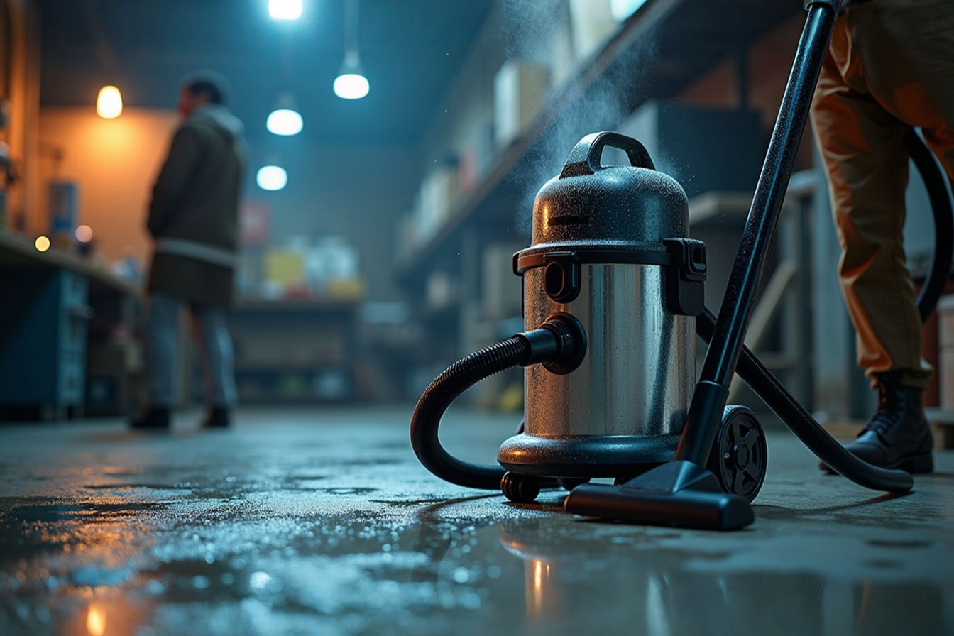 Professional product photography of a powerful wet and dry vacuum cleaner in a modern workshop environment, capturing both wet spill cleanup and sawdust collection capabilities. Dramatic lighting with soft shadows, shallow depth of field, high-end DSLR quality, 50mm lens, f/2.8, commercial advertising style. Include subtle water droplets and wood dust particles visible in the air to demonstrate dual functionality.