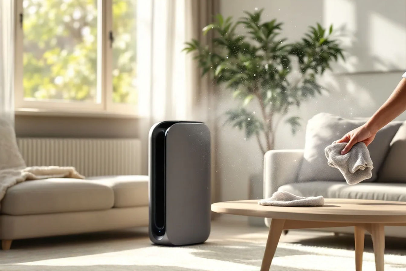 Professional photograph showing a modern living room with sunlight streaming through windows, highlighting dust particles in the air. A sleek air purifier operates in one corner while a person uses a microfiber cloth to dust a coffee table. The image captures both air and surface cleaning happening simultaneously, visualizing the concept of 'air purifier synergy' in an aesthetic, aspirational home setting.