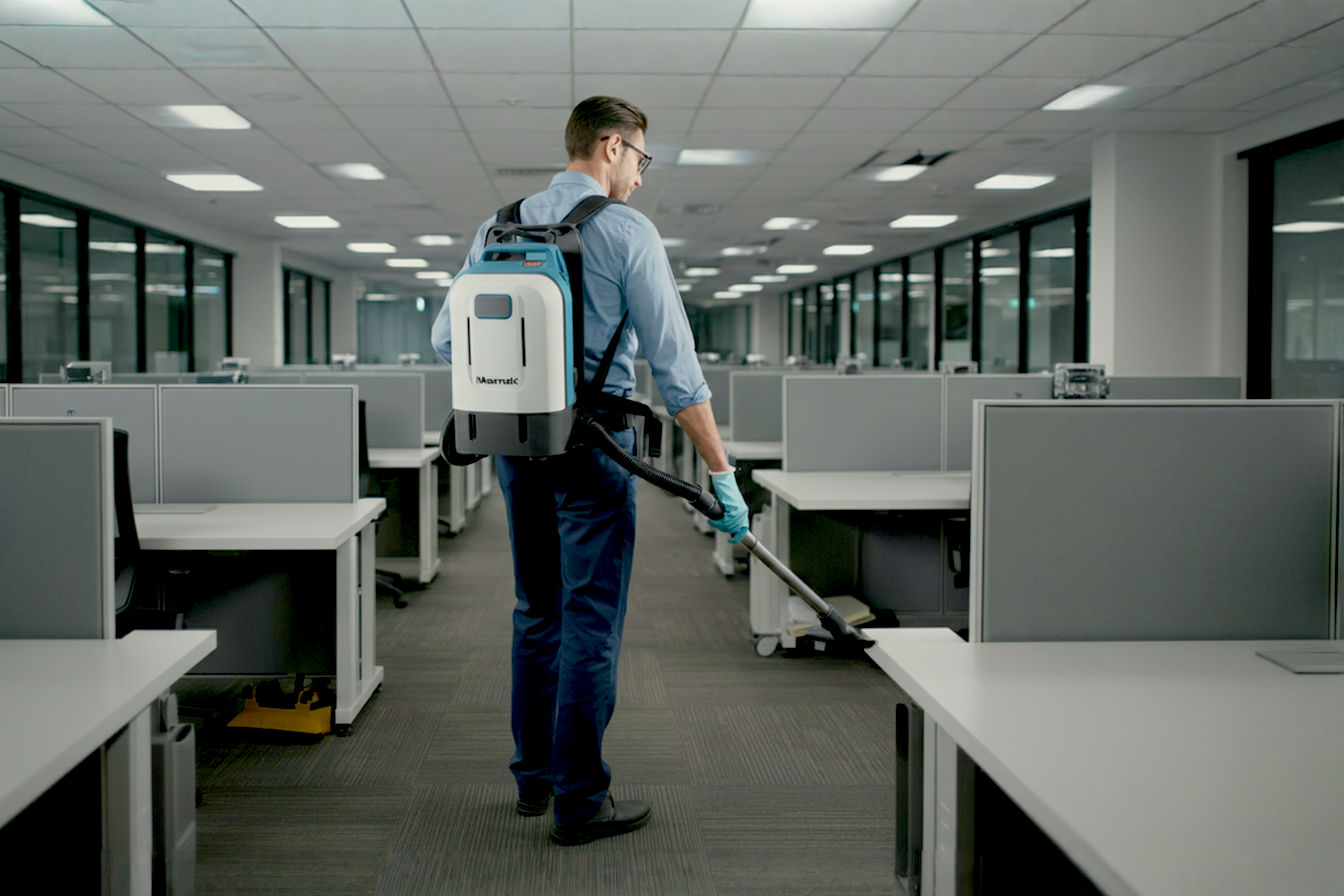 Professional cleaning technician wearing a modern backpack vacuum cleaner in a well-lit commercial office space, demonstrating the ergonomic harness system and extended reach while cleaning between workstations. The image should capture the mobility and efficiency advantages in a real-world commercial environment.
