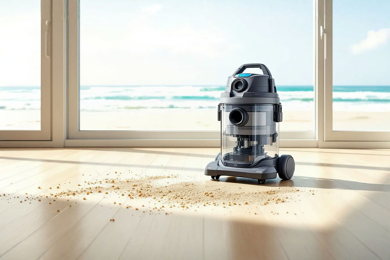 A professional photograph showing a modern, sealed vacuum cleaner with visible marine-grade components positioned on a light wooden floor. In the background, large windows frame a coastal view with sandy beach and ocean waves. Scattered grains of sand visible on the floor highlight the cleaning challenge, while the vacuum's specialized design elements are prominently featured. The lighting is bright and natural, creating a clean, airy coastal interior aesthetic.
