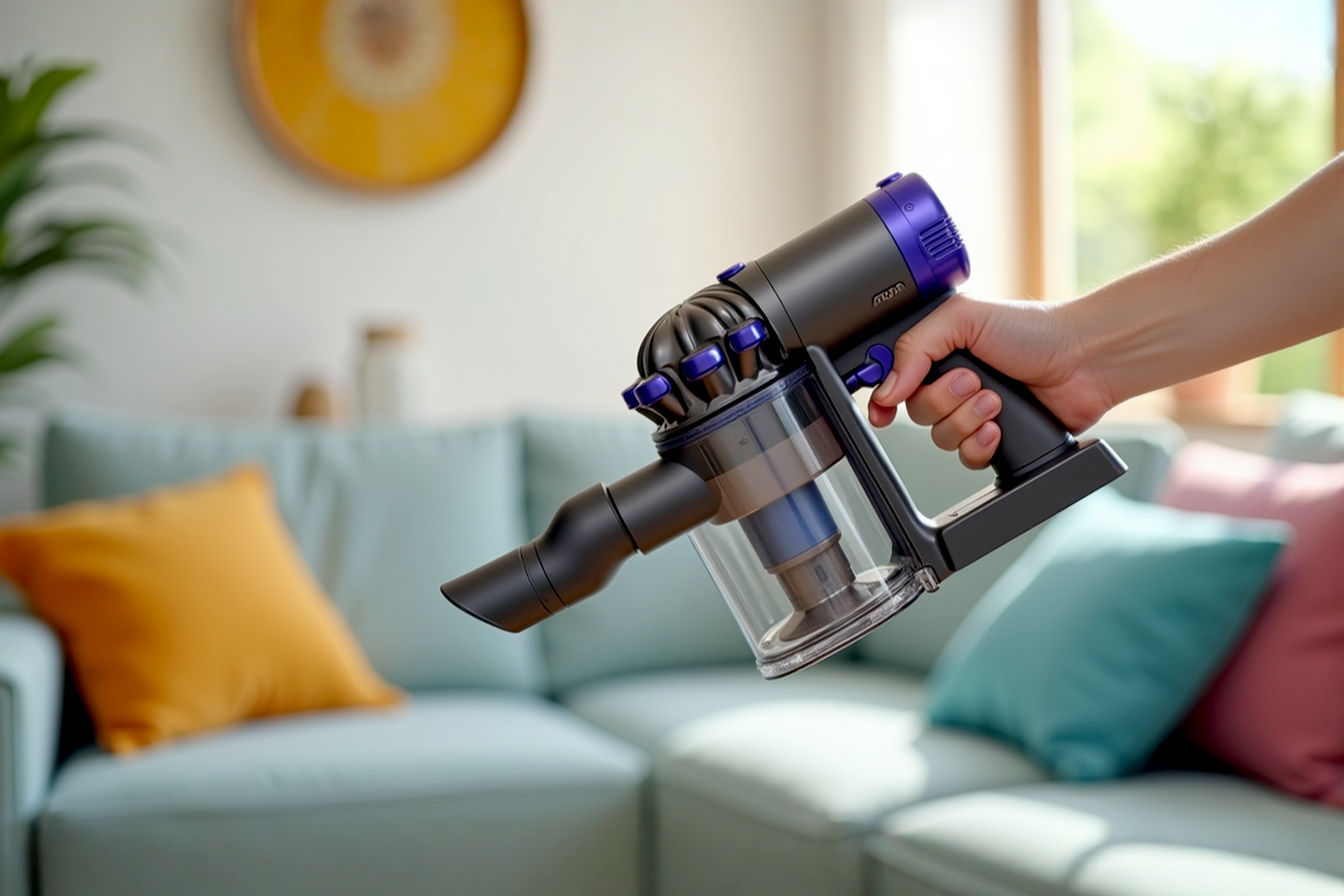 A professional photograph showing a close-up of a person's hand comfortably gripping an ergonomic vacuum handle. The image should be well-lit with soft natural lighting, showing the contoured grip design with cushioned material. The background should be a clean, modern living room slightly blurred to create depth of field, while keeping the focus on the interaction between the hand and the vacuum's touch-friendly design. The vacuum should appear lightweight and sleek, representing modern ergonomic design principles.