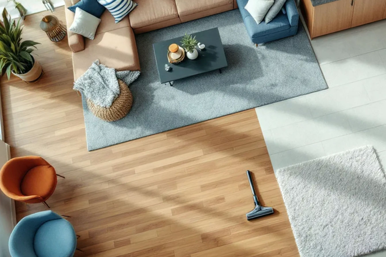 Professional overhead photograph of a modern open-concept home featuring multiple floor surfaces visible from above - warm hardwood in the living area transitioning to white tile in the kitchen, with a plush area rug and carpeted stairs visible. A sleek cordless vacuum sits at the junction of these different flooring types, with soft natural lighting streaming through large windows highlighting the diverse textures.