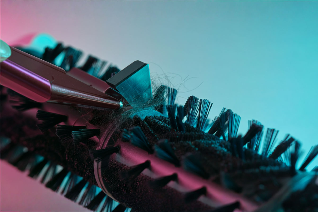 Close-up professional photography of a vacuum brush roll maintenance tool in action, showing a specialized cutting tool removing tangled hair from a brush roll against a clean, light background. The image should have shallow depth of field focusing on the point where the tool meets the brush roll, demonstrating the precision of proper maintenance.