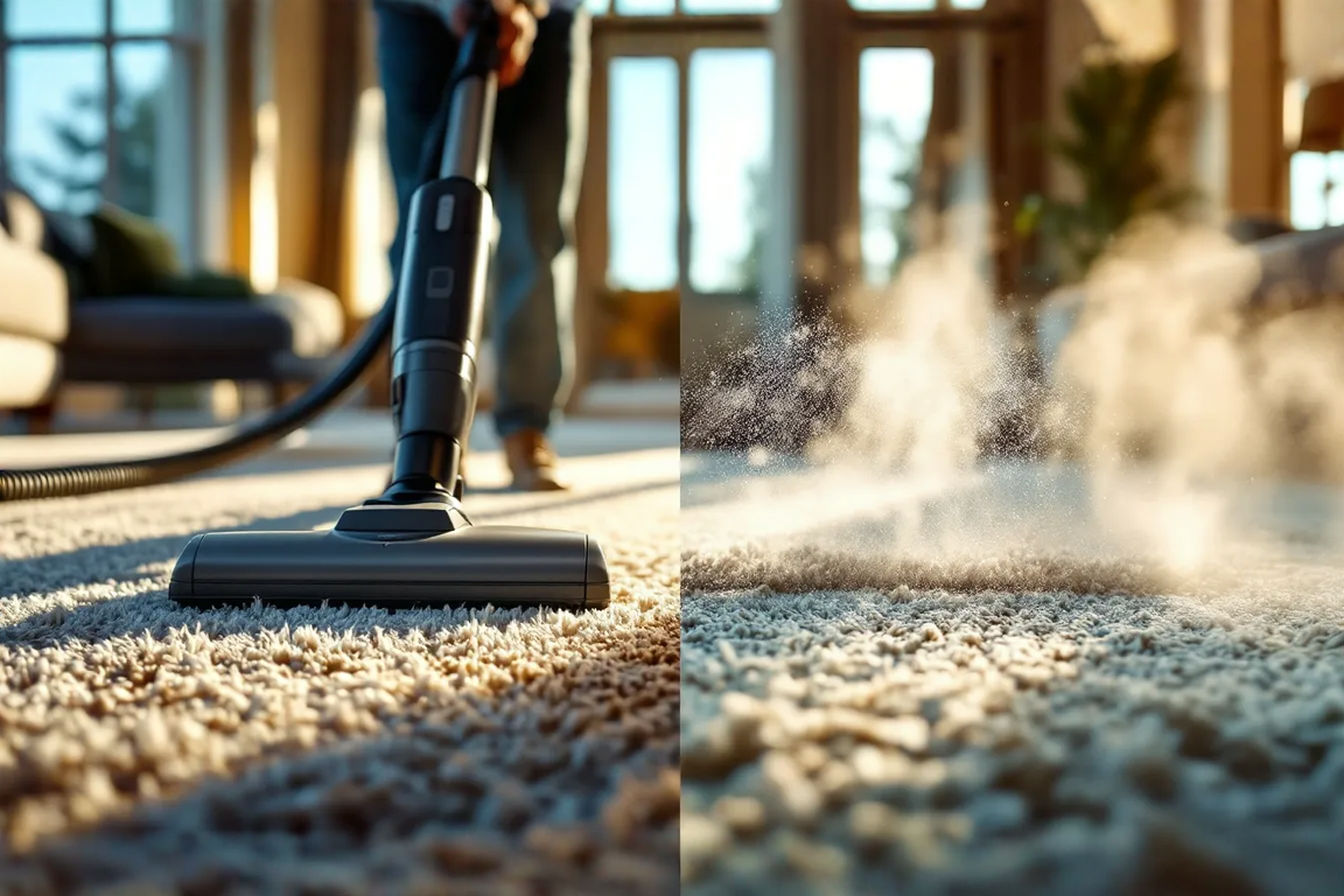 A split-screen professional photograph showing two complementary carpet cleaning methods. On the left side, a modern vacuum cleaner being used on a plush carpet. On the right side, a hot water extraction machine treating the same carpet. The image should have warm, inviting lighting with visible texture in the carpet fibers and a clean, residential setting in the background. The carpet should appear partially cleaned to show the effectiveness of the combined approach.