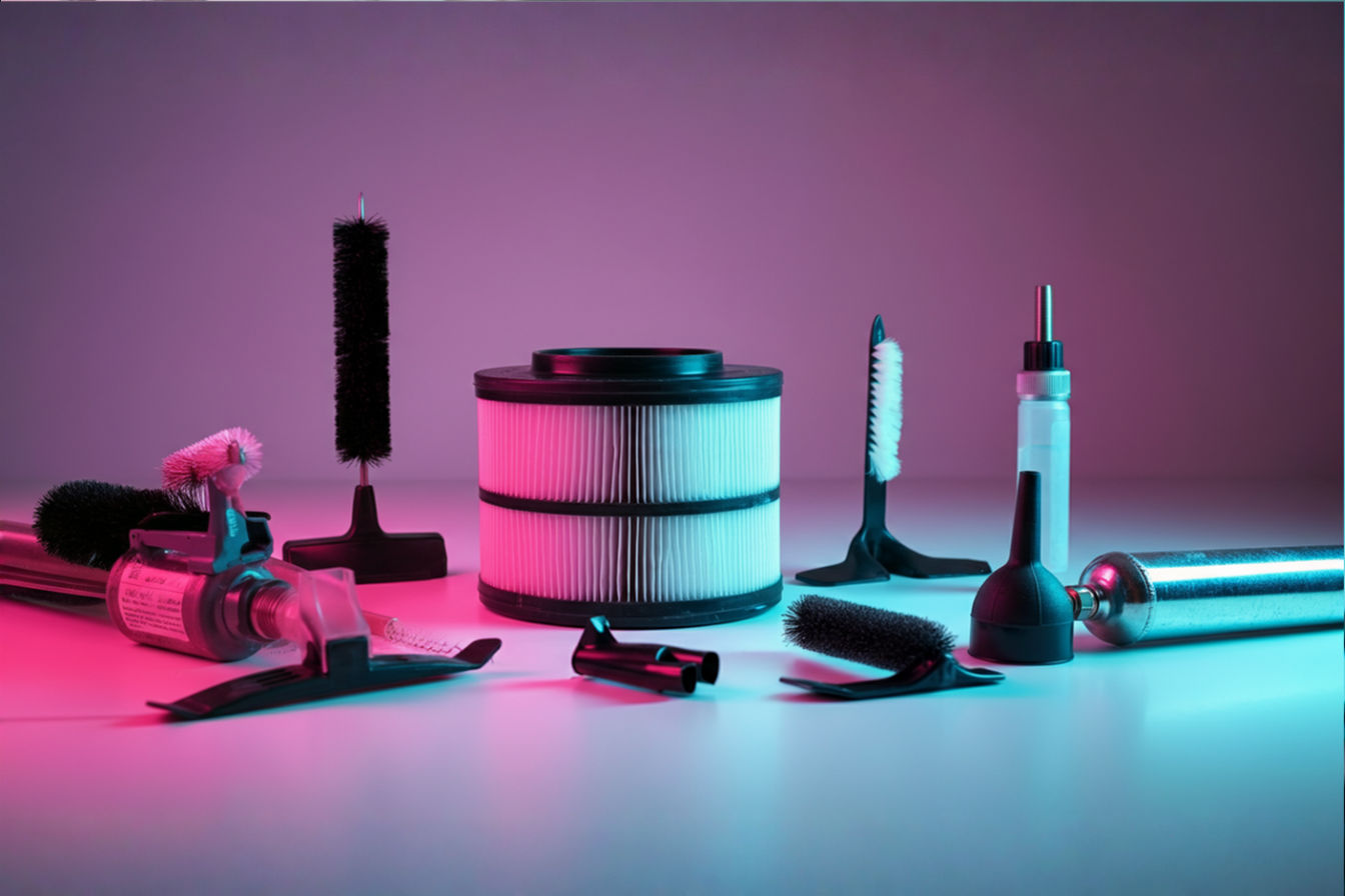 Professional photo of various vacuum filter cleaning tools arranged on a clean white surface. A partially cleaned HEPA filter sits in the center showing a clear contrast between the cleaned and uncleaned sections, with soft light highlighting the tools including brushes, compressed air, and specialized cleaning attachments. The image should convey restoration and precision maintenance with a bright, clean aesthetic.