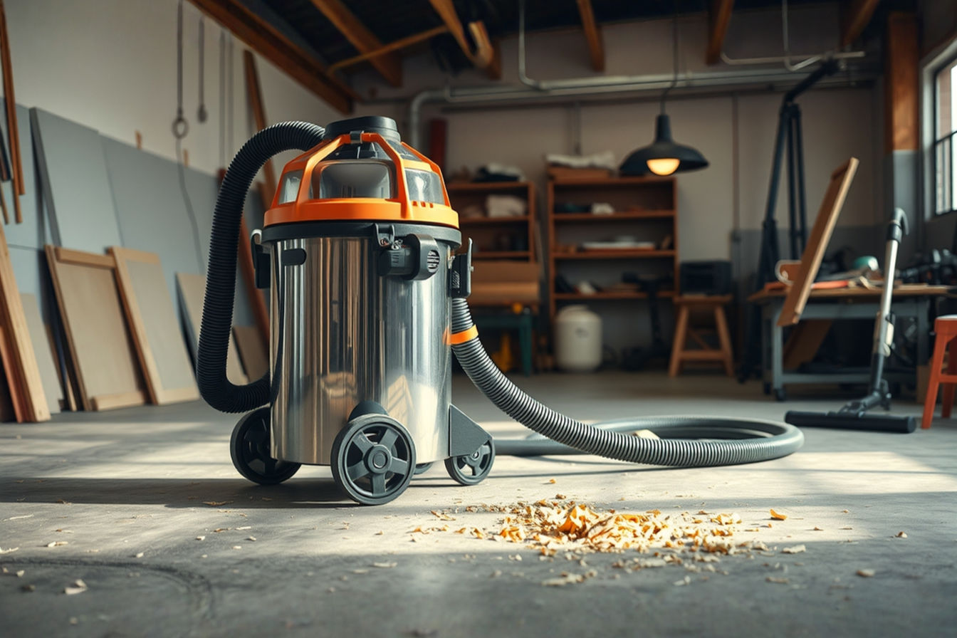 A professional-grade stainless steel commercial shop vac positioned prominently in a well-lit workshop environment. The vacuum should feature visible heavy-duty wheels, thick reinforced hose, and multiple professional attachments neatly arranged beside it. A clean concrete floor with wood shavings being vacuumed demonstrates the machine in action, with soft natural lighting highlighting the robust construction and industrial design elements of the equipment.