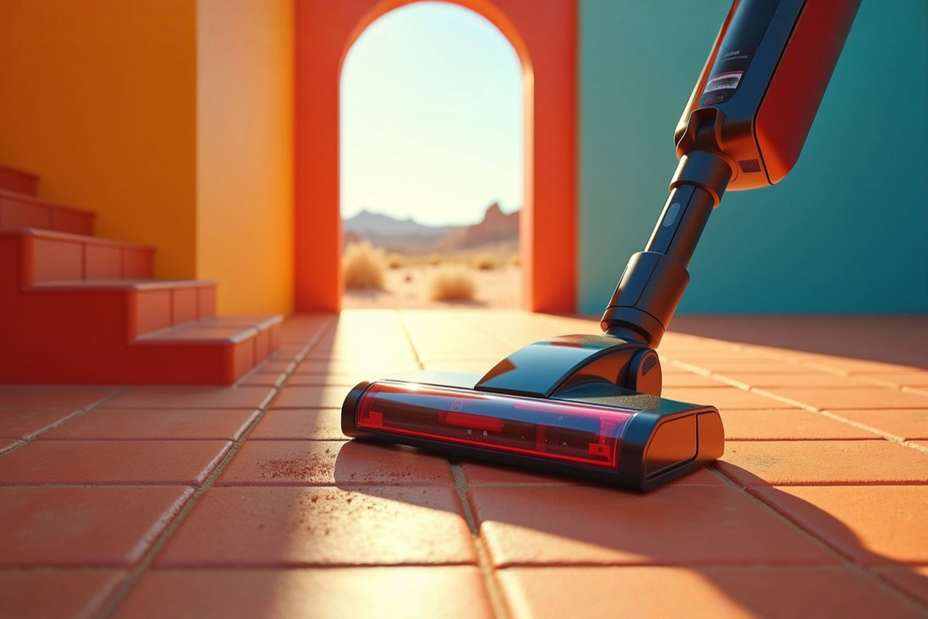 A professional close-up photograph of a high-end vacuum cleaner with visible multi-stage filtration system and cyclonic technology, positioned on a terra cotta tile floor with fine sand particles visible along the edges. Warm natural lighting creates subtle shadows that highlight the vacuum's technical features, while a desert landscape is visible through a window in the soft-focus background.