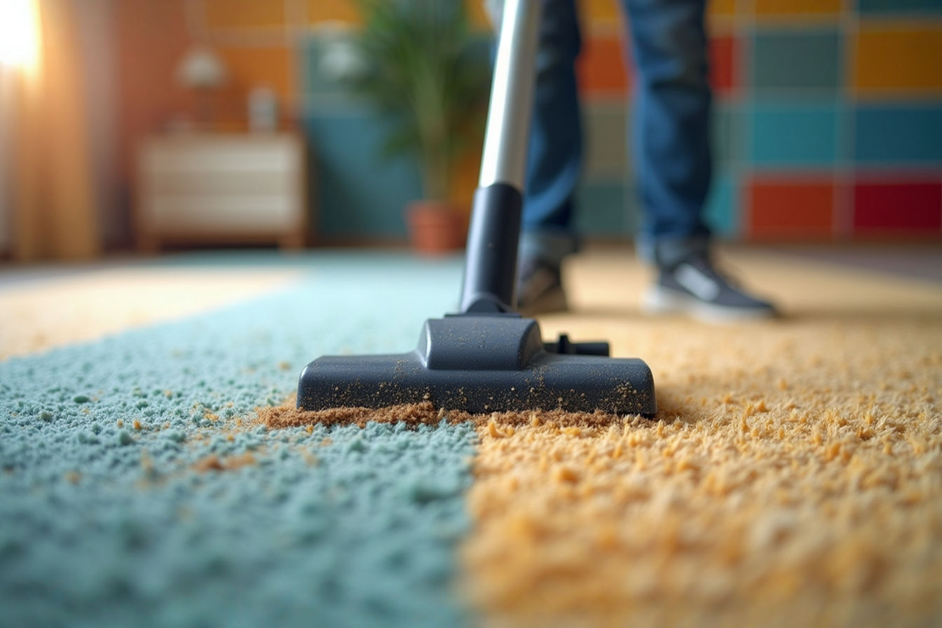A close-up split-screen professional photograph showing two different carpet types being vacuumed. The left side shows a synthetic low-pile carpet with visible dirt being easily removed by a vacuum head, while the right shows a high-pile natural fiber carpet with the vacuum struggling to remove embedded dirt. The lighting is bright and clear, highlighting the texture differences between the fabrics, with a slight depth of field focusing on the interaction between the vacuum and the textile fibers.