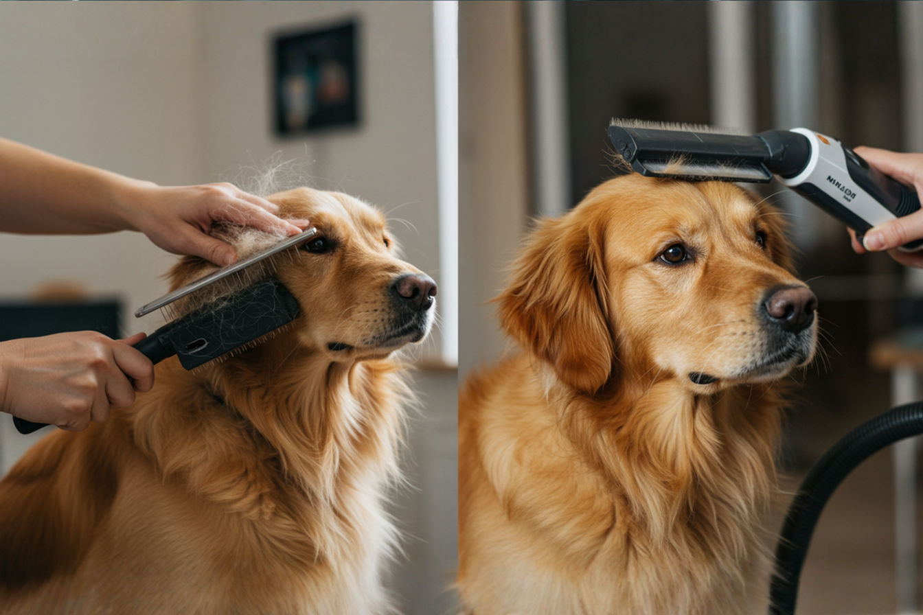 Close-up split-screen image showing a Golden Retriever being groomed: left side shows traditional brushing with fur flying into the air; right side shows vacuum grooming with fur being neatly captured. Clean, professional lighting with soft focus background of a modern home interior.