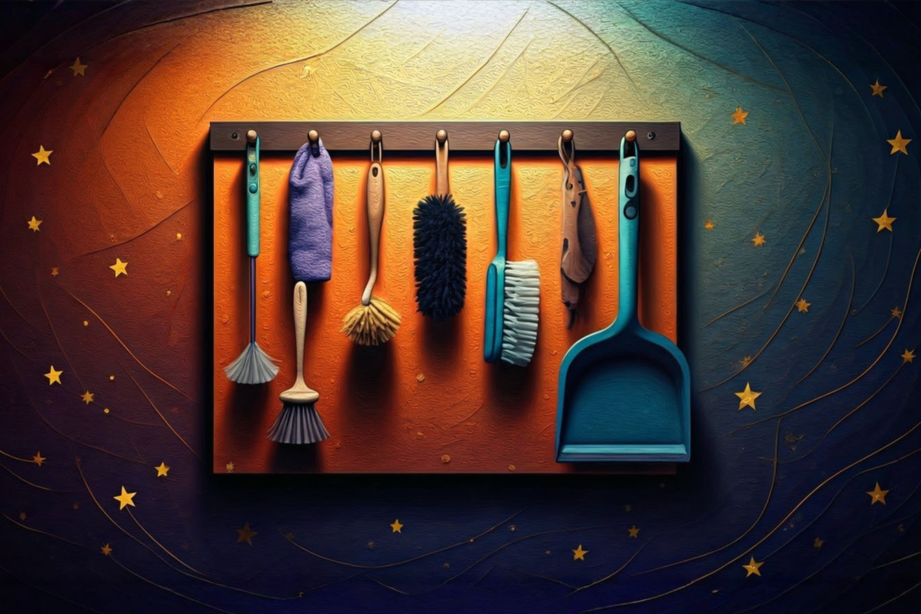 A professionally arranged collection of compact cleaning tools neatly organized on a wall-mounted rack in a small, well-lit tiny home interior. The tools include various brushes, dustpans, microfiber implements, and specialized cleaning implements, all efficiently stored in a minimal footprint while remaining easily accessible.