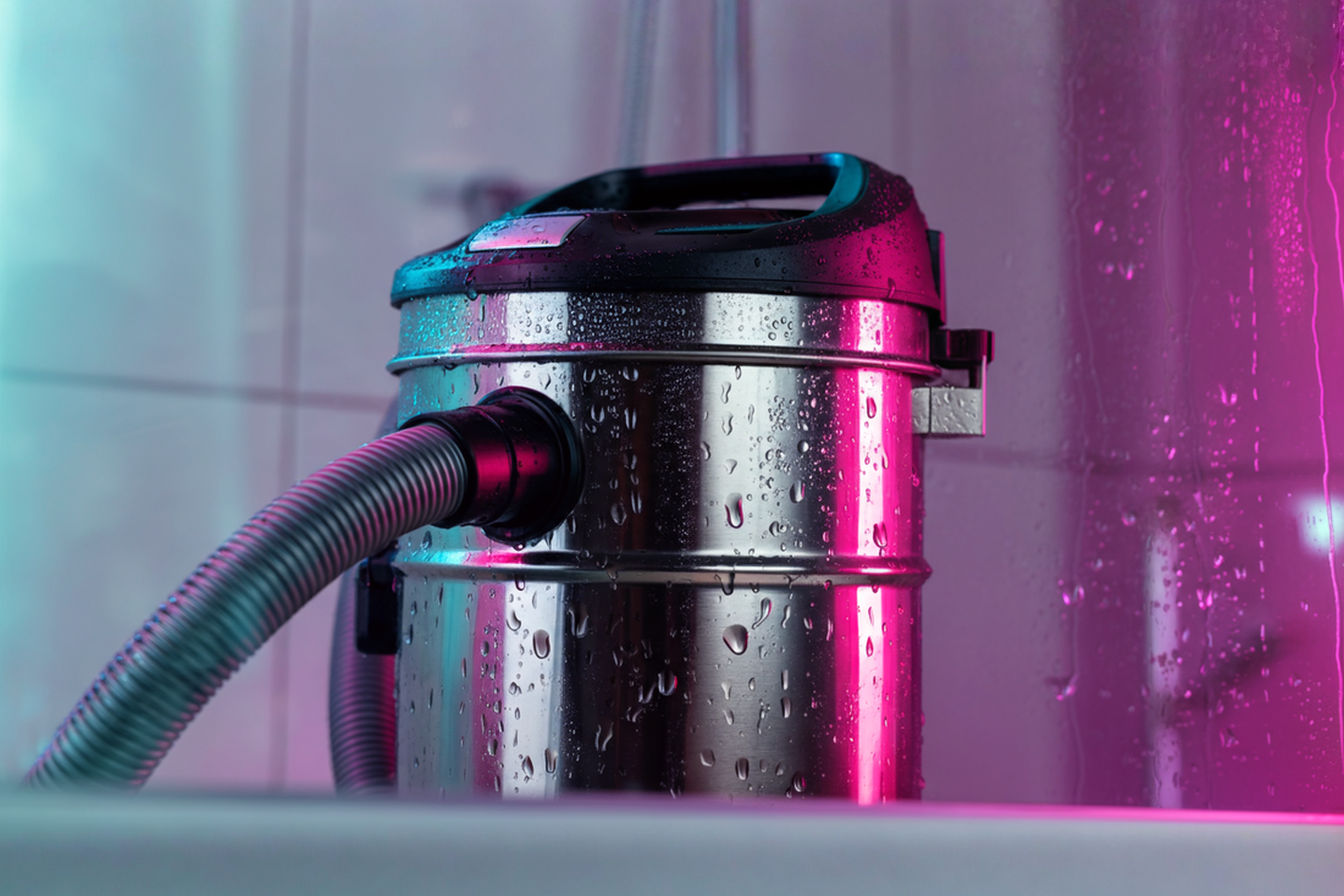 Professional photograph showing a close-up of a stainless steel wet-dry vacuum with water droplets visible on its surface. The vacuum should be positioned in a steamy bathroom setting with condensation visible on nearby surfaces, demonstrating its use in a high-humidity environment. The lighting should be bright and clean, highlighting the vacuum's sealed components and moisture-resistant features. A soft focus on the background shows tile and glass shower doors with water droplets, while the vacuum remains the sharp focal point.