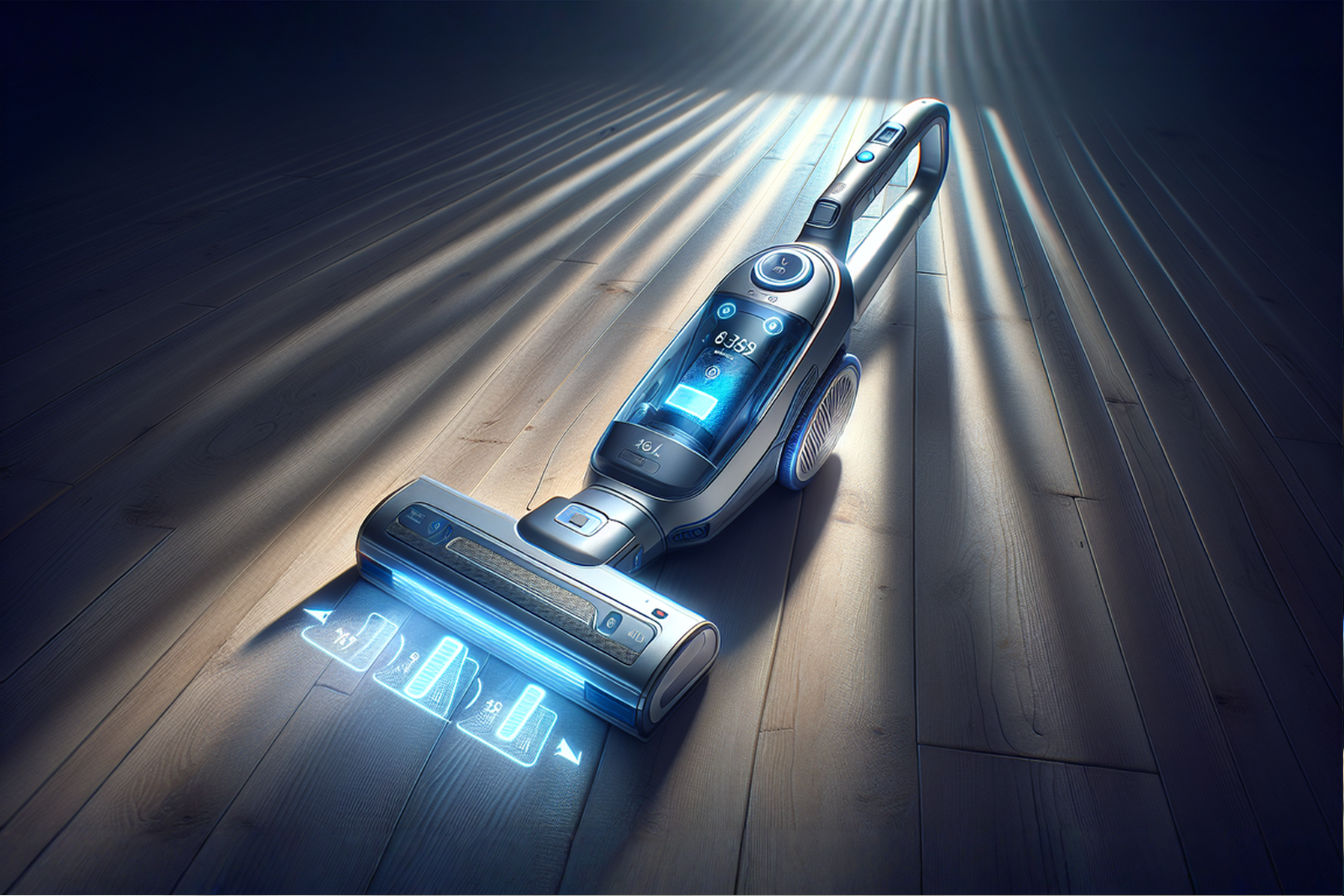 Professional photography style image showing a sleek cordless vacuum cleaner placed diagonally across the frame, with its battery compartment partially visible. The vacuum sits on a hardwood floor with a visual representation of battery power levels ascending from left to right, symbolized by glowing LED indicators. Soft studio lighting highlights the vacuum's modern design, while subtle graphical elements overlay the image showing charging symbols and runtime percentages. The composition should convey both technology and efficiency, with a blue and silver color scheme emphasizing the electrical theme.