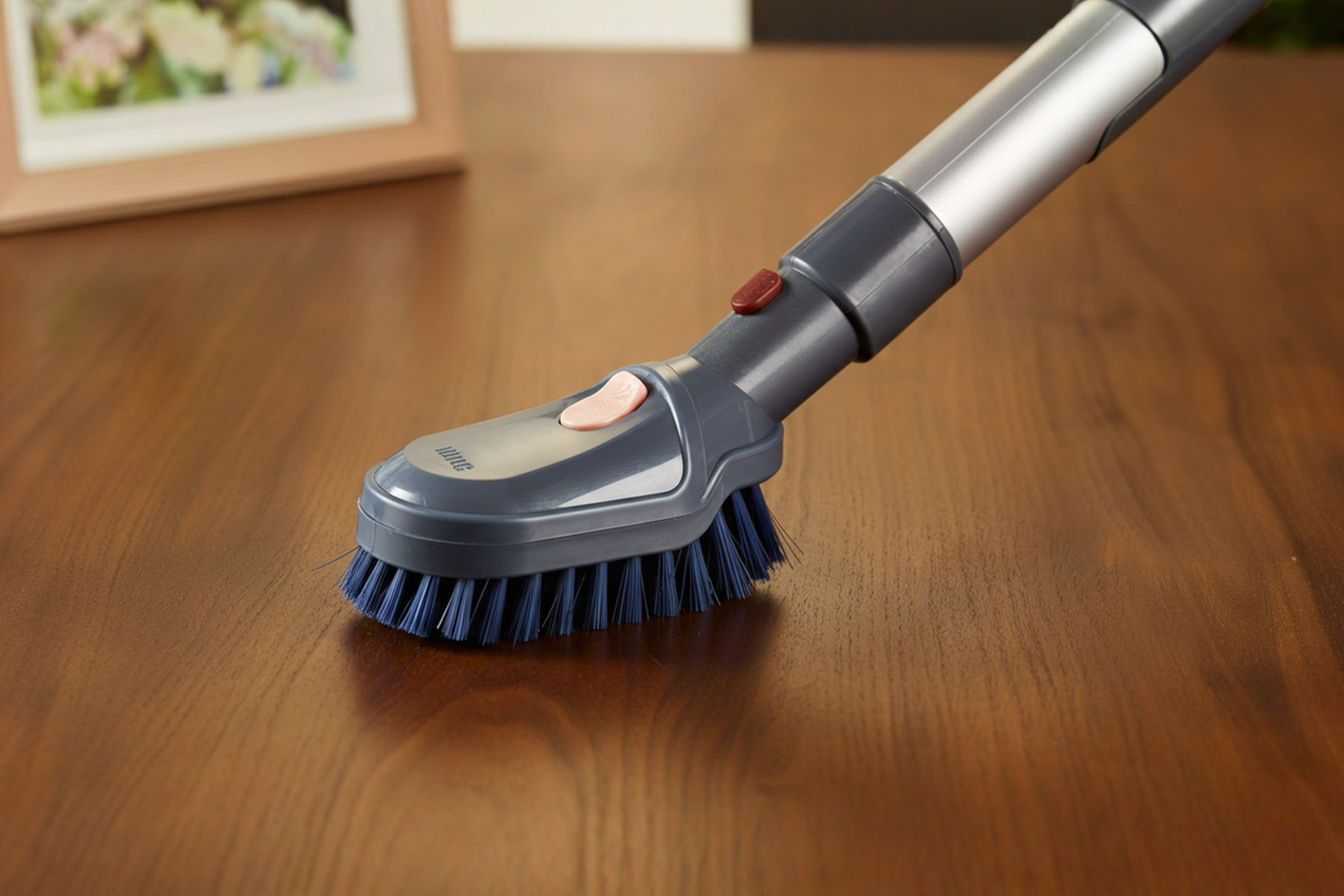 A professional photo of a domestic setting with a homeowner using a dusting-tool attachment on a stick vacuum hose. The setting is warm and inviting with bright natural light. Dusting brushes have soft bristles that gently remove dust from delicate surfaces. The bristles help prevent scratches while the suction pulls dust away from surfaces like blinds, lampshades, and picture frames.