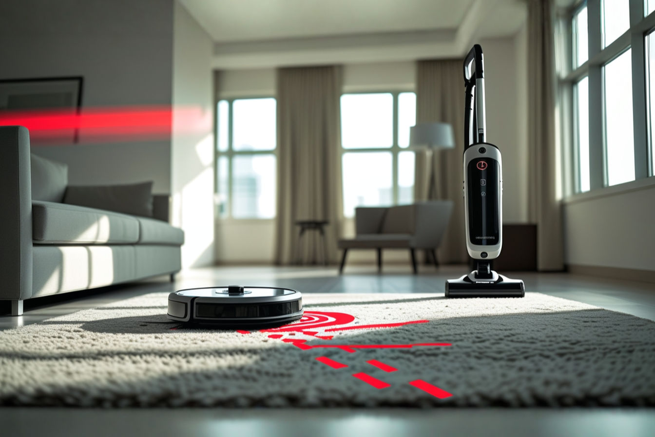 A professionally staged modern living room with minimalist design featuring both a robot vacuum in mid-cleaning path (leaving visible cleaning lines on a plush area rug) and a sleek stick vacuum positioned against a wall. The image should have soft natural lighting coming through large windows, creating a clean, bright atmosphere. The composition should show clean sight lines suggesting the choreographed path between the two devices, perhaps with subtle digital path mapping graphics overlaid to suggest the coordination between machines. The photo style should be high-resolution with a slight depth of field to create visual interest while maintaining professional clarity.