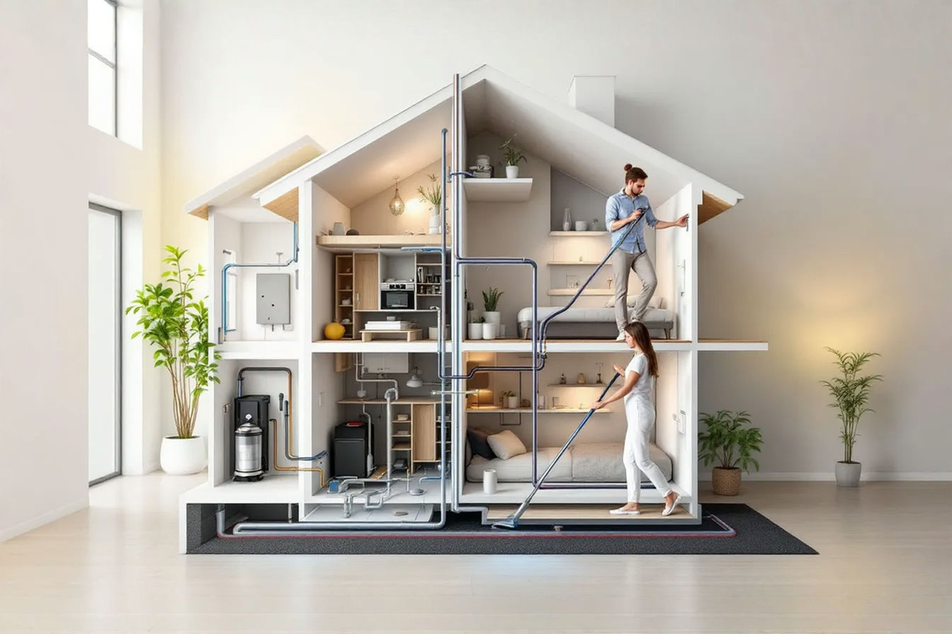 Professional illustration of a modern two-story home with a cutaway view showing the central vacuum system installation. The image reveals the power unit in the basement, tubing running through walls, and inlet valves on multiple floors. A person is shown effortlessly cleaning on the upper floor using a lightweight hose connected to a wall inlet, emphasizing the convenience of the system. The lighting is bright and natural, highlighting the clean, organized interior of the home with a focus on the vacuum system components.