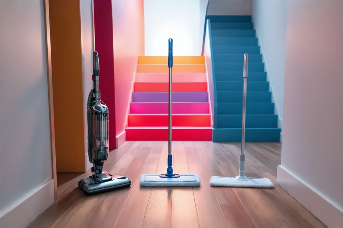 A professional photograph showing a modern home entryway with hardwood floors. In the foreground, a sleek vacuum cleaner stands next to two different mops, arranged in an aesthetically pleasing composition.