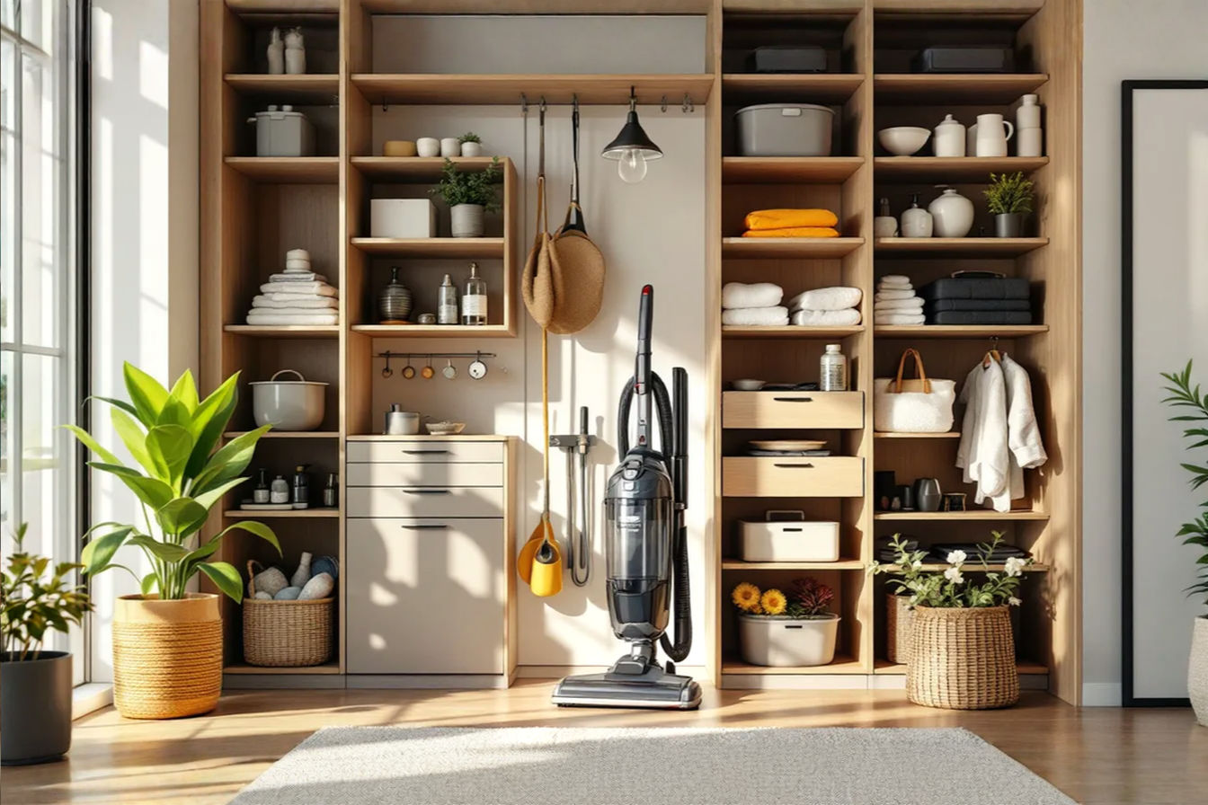 A professionally photographed cleaning closet featuring a wall-mounted central vacuum access point, neatly arranged hoses on specialized hangers, organized attachment drawers with clear dividers, and LED lighting illuminating the entire space. The image showcases a custom white cabinet with pull-out shelving, branded vacuum accessories properly stored, and a visible power management system. The composition uses natural light from a nearby window, with shallow depth of field focusing on the main vacuum unit while the background shows additional storage solutions.