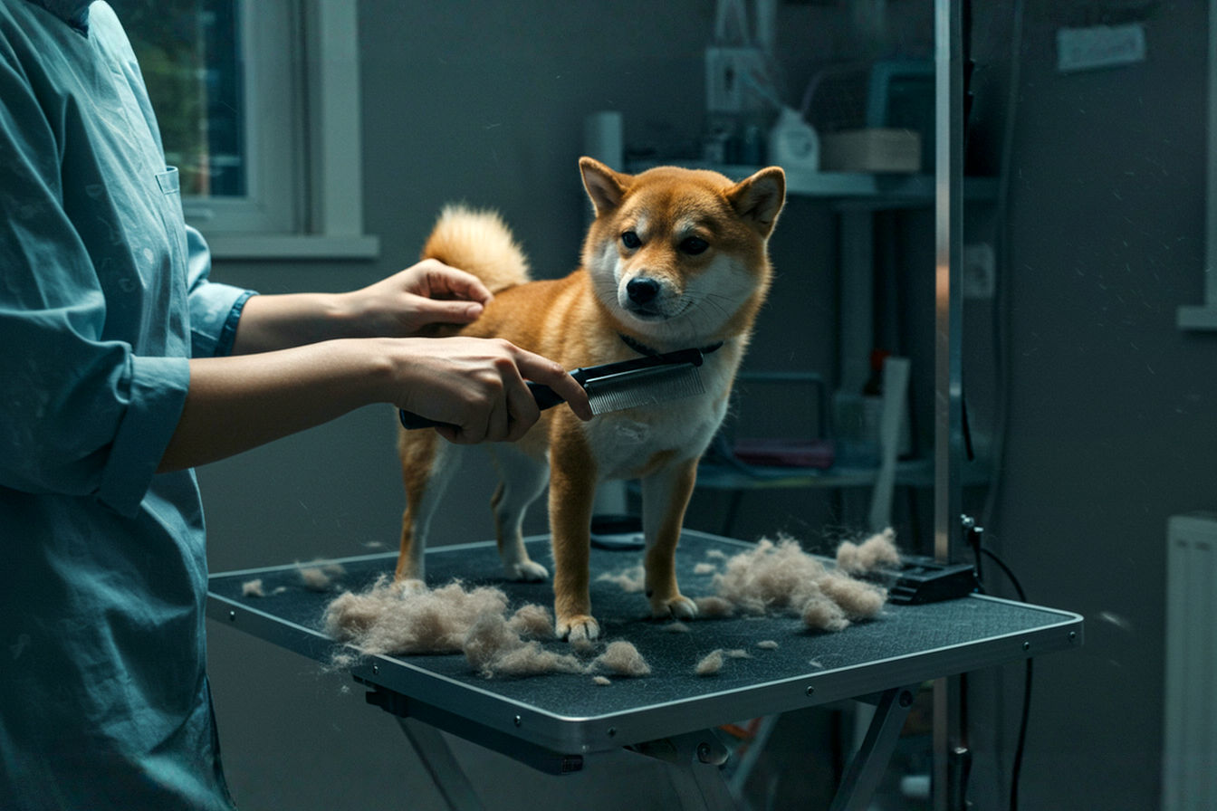 A well-lit, clean home setting with a person grooming a shiba inu dog on a dedicated grooming station with visible fur collection system. The person is using a specialized brush while loose fur is being captured in a contained area rather than spreading to the floor. The image shows both the grooming process and the clean home environment, emphasizing the successful integration of pet care with home cleanliness.