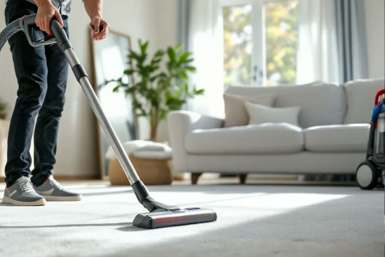 A professional photographer's high-resolution image showing a modern living room in bright natural light. In the foreground, a person (professionally dressed) is using a high-quality vacuum cleaner on an immaculate carpet, demonstrating proper technique with multiple angles visible in mirrors or reflective surfaces. The background shows clean, well-maintained furniture partially moved to one side, with a professional carpet cleaning machine just visible at the edge of the frame. The composition emphasizes the partnership between homeowner preparation and professional service, with visual cues like a clipboard with a checklist on a nearby table, fresh vacuum lines in the carpet, and a clean, organized space. The lighting is warm and inviting, suggesting a morning preparation scene before professional cleaners arrive. The color palette is neutral with pops of blue (from cleaning equipment) to maintain a professional, trustworthy feel.