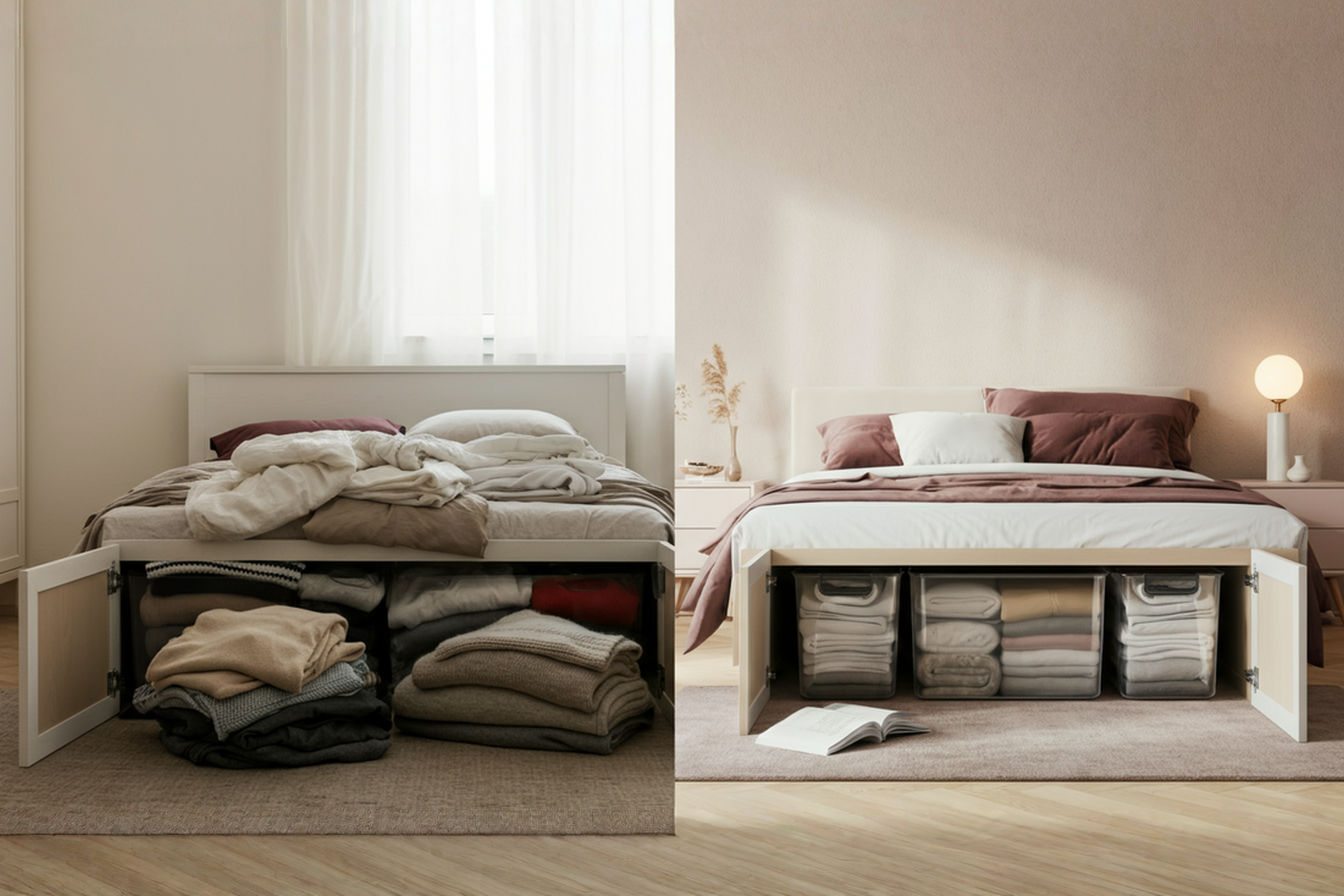 A split-screen comparison showing a visually cluttered bedroom on the left with piles of seasonal clothing and bedding visible, and a serene, organized bedroom on the right with the same items neatly vacuum-packed in transparent containers under the bed. The right side features clean lines, minimal visual distractions, and a peaceful aesthetic with soft, natural lighting enhancing the sense of calm.