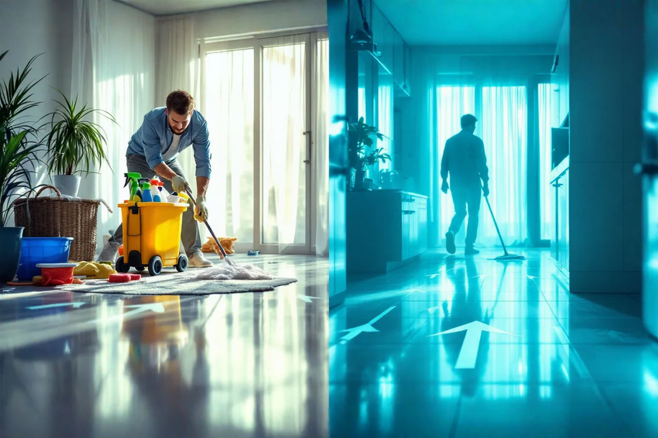 A split-screen professional photograph showing two contrasting cleaning scenarios. On the left: a person cleaning randomly with various products scattered around. On the right: an organized approach with a cleaning caddy, systematic movement pattern indicated by arrows on the floor, and visibly more efficient progress. The lighting should be bright and natural, highlighting the clean surfaces on the right side with a subtle gleam compared to the left side's incomplete cleaning.