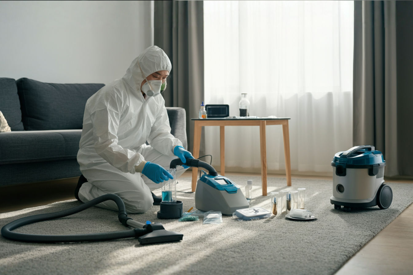 A professional indoor environmental specialist in protective white coveralls and mask conducts allergen testing in a well-lit living room. They're using a specialized vacuum collection device on a plush carpet, with various testing equipment laid out on a coffee table nearby. A modern HEPA vacuum cleaner stands prominently in the foreground, while sunlight streams through windows highlighting particles in the air. The composition balances technical precision with residential comfort, suggesting the integration of scientific methodology into everyday home maintenance. Shot in crisp focus with a shallow depth of field to emphasize the testing process while maintaining a warm, inviting atmosphere that appeals to homeowners seeking professional validation of their cleaning efforts.RetryClaude can make mistakes. Please double-check responses.