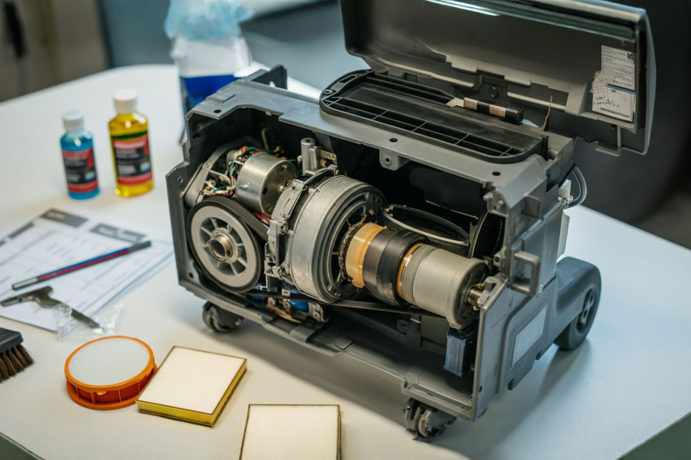 A professional overhead photography shot of a partially disassembled high-end commercial vacuum cleaner on a clean white workbench. The vacuum's main body is open, revealing its internal components with the motor, filters, and belt system clearly visible. Around the vacuum are neatly arranged maintenance tools including specialized brushes, lubricants in small bottles, replacement filters, and a maintenance checklist. The lighting is bright but diffused, creating clear definition of the mechanical parts without harsh shadows. The image conveys precision, care, and technical expertise, with all elements meticulously arranged to show the systematic approach to professional vacuum maintenance