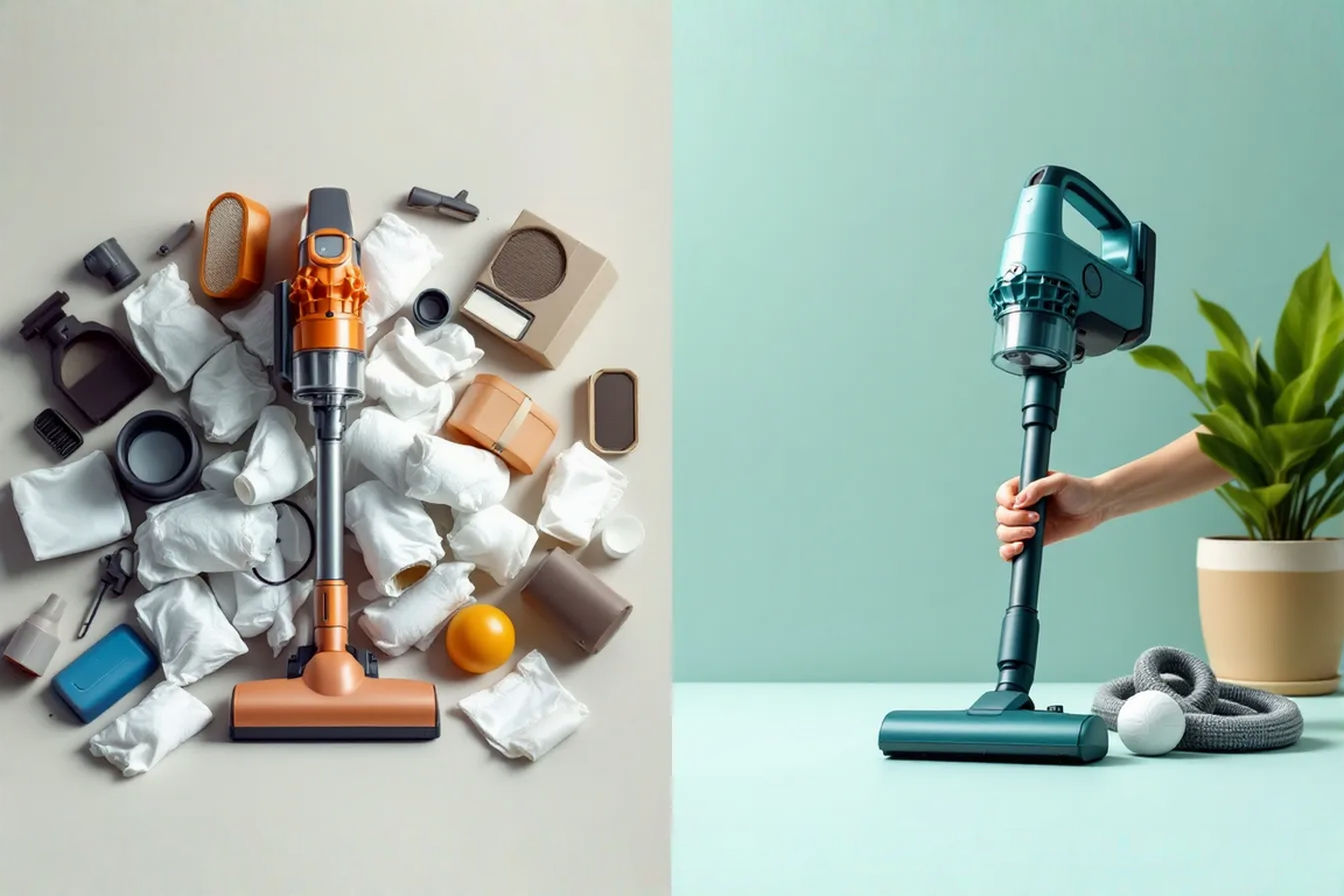 A professionally photographed split-screen image showing two vacuum cleaners side-by-side. On the left, a traditional vacuum surrounded by disposed plastic components (filters, bags, and packaging). On the right, a modern sustainable vacuum with visible reusable components being cleaned by hand. The image should have soft natural lighting with a clean, minimalist background that draws attention to the contrast between wasteful and sustainable approaches. The color palette should include earthy greens and blues to reinforce the environmental theme.