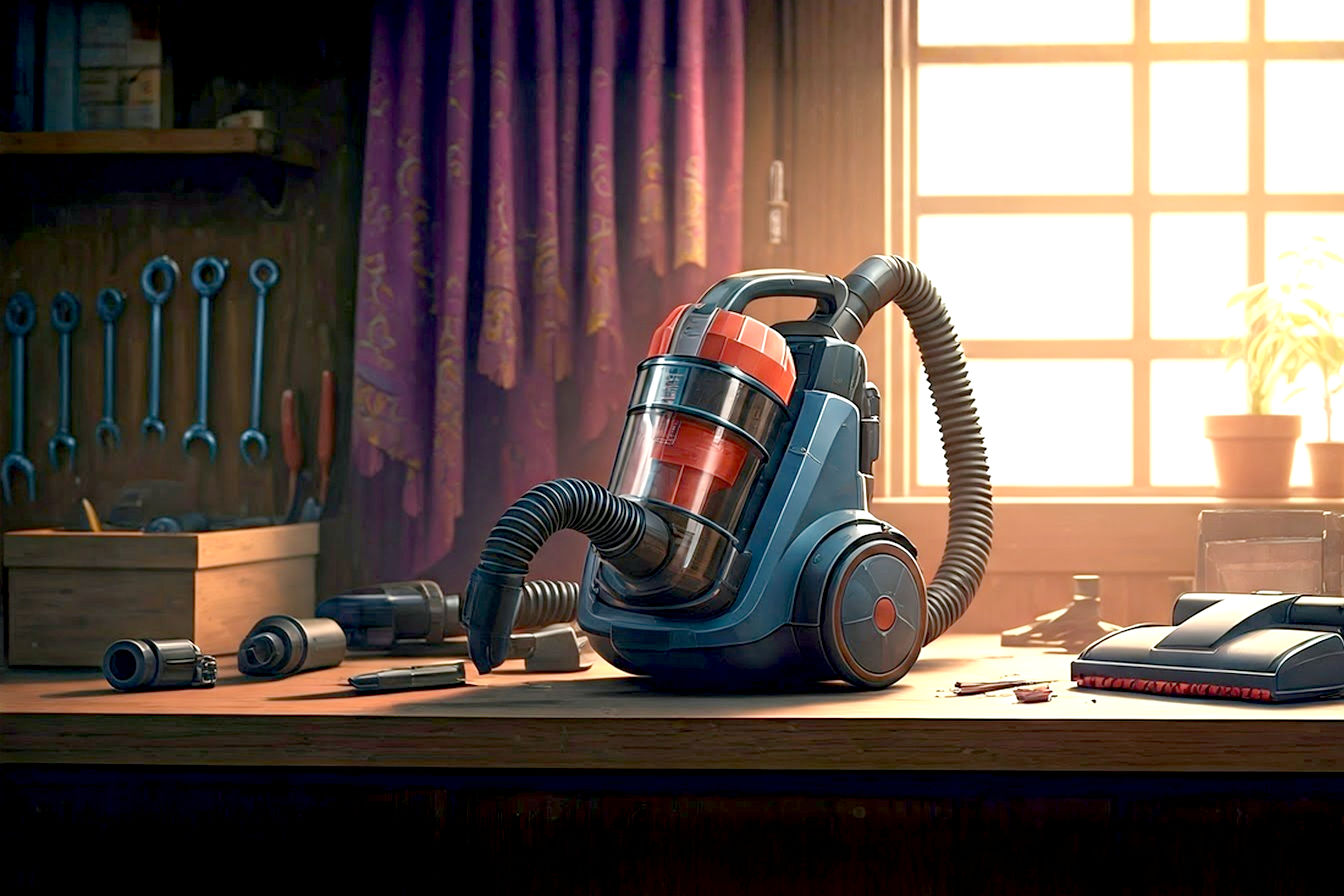 A clean, refurbished upright vacuum cleaner positioned next to organized maintenance tools on a workbench. The vacuum appears freshly cleaned with new attachments visible nearby. Natural light illuminates the scene, highlighting the vacuum's renewed condition and readiness for donation.