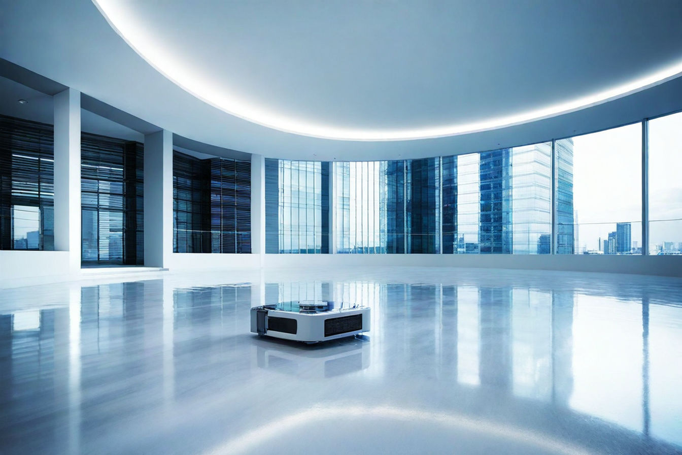 A modern, sleek robotic commercial vacuum cleaner in action on a polished floor in a spacious, well-lit corporate environment. The robot features distinctive blue accent lighting and a streamlined design. In the background, floor-to-ceiling windows reveal a city skyline at dusk, while the clean, reflective floor surface demonstrates the machine's effectiveness. The image should be captured from a low angle with soft, dramatic lighting to emphasize the technology's sophisticated design and purpose.
