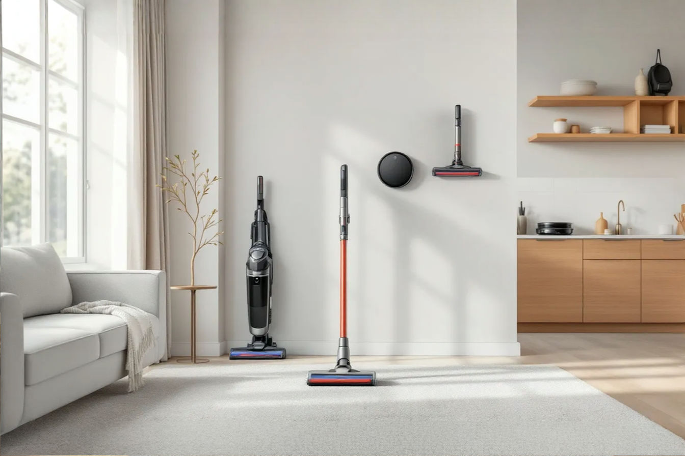 A professional, well-lit photograph showcasing a modern home interior with different vacuum types strategically positioned in their designated zones. In the foreground, an upright vacuum stands ready in a carpeted living room, while a sleek stick vacuum is mounted on a kitchen wall. A robot vacuum docks in a bedroom corner, and a handheld vacuum sits on a mudroom shelf. The image demonstrates clean organization with subtle labels indicating each zone's purpose. Soft natural lighting emphasizes the cleanliness and efficiency of the space, with a color palette of warm neutrals and clean whites that convey a sense of order and systematic approach to home maintenance.