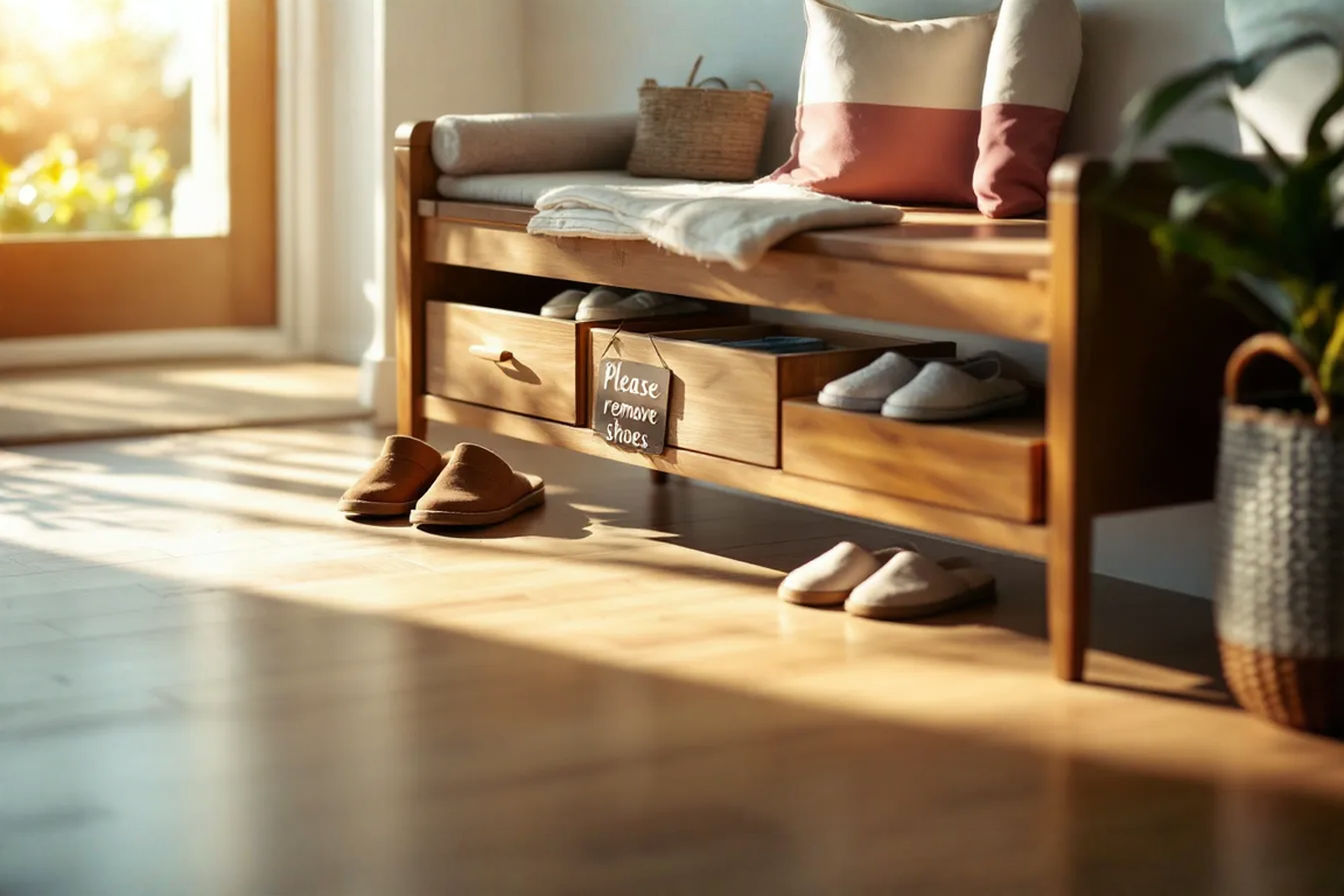 A professional photograph capturing a warm, inviting home entryway with a stylish wooden bench and organized shoe rack. A pair of outdoor shoes sits next to neatly arranged indoor slippers, with a small decorative "Please remove shoes" sign. The image should have soft, natural lighting highlighting the clean floors and welcoming atmosphere, emphasizing the transition between outdoor and indoor spaces.