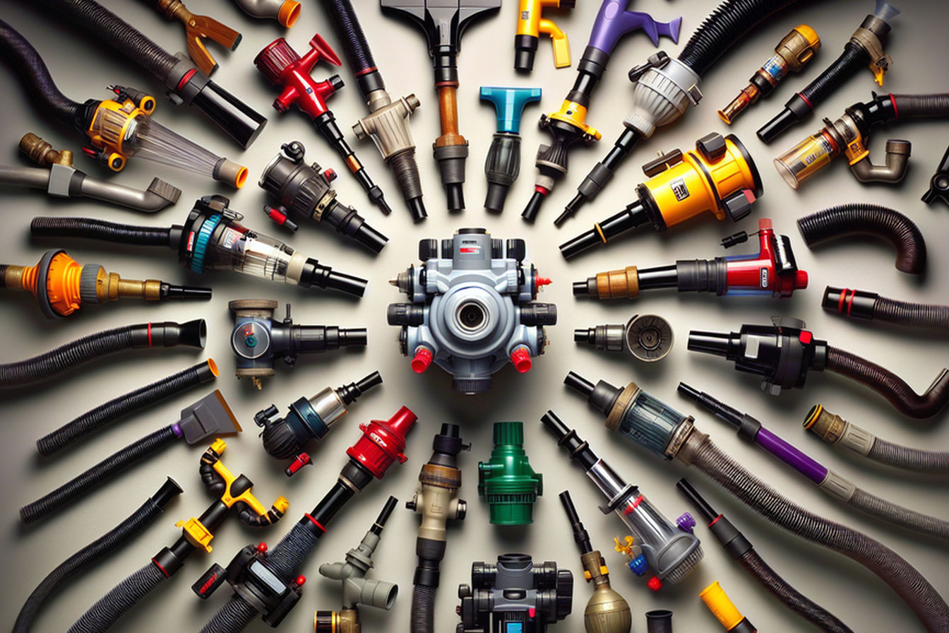 A professional overhead photography shot showing multiple shop vacuum attachments arranged in a circular pattern around a central shop vac hose connector. The image should feature various attachment types in different colors representing major brands, with several adapters visible connecting otherwise incompatible pieces. The lighting should be bright and clean with subtle shadows to highlight the different connection types and diameters. The composition should create a visually striking representation of the compatibility challenge that resonates with both DIY enthusiasts and professionals.