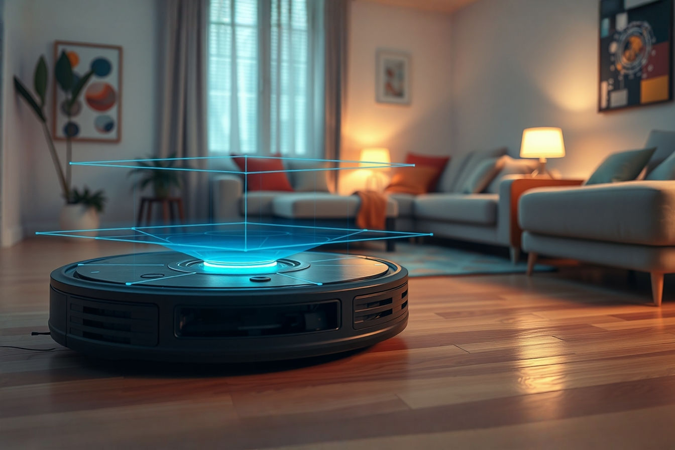 A sleek, modern robotic vacuum cleaner mapping a living room with visible digital grid lines representing AI navigation, with a soft blue glow indicating its sensors are active.