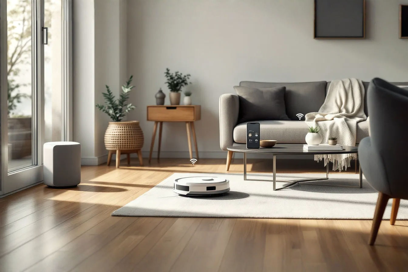 A modern, minimalist living room with wooden floors and contemporary furniture. A sleek robot vacuum moves across the floor while a smart speaker sits on a coffee table. A smartphone on the couch displays a home automation app with the vacuum controls visible. Soft natural lighting streams through large windows, and small visual cues like Wi-Fi symbols or connection icons subtly float between the devices, illustrating their connectivity. The image should convey harmony between technology and home comfort.