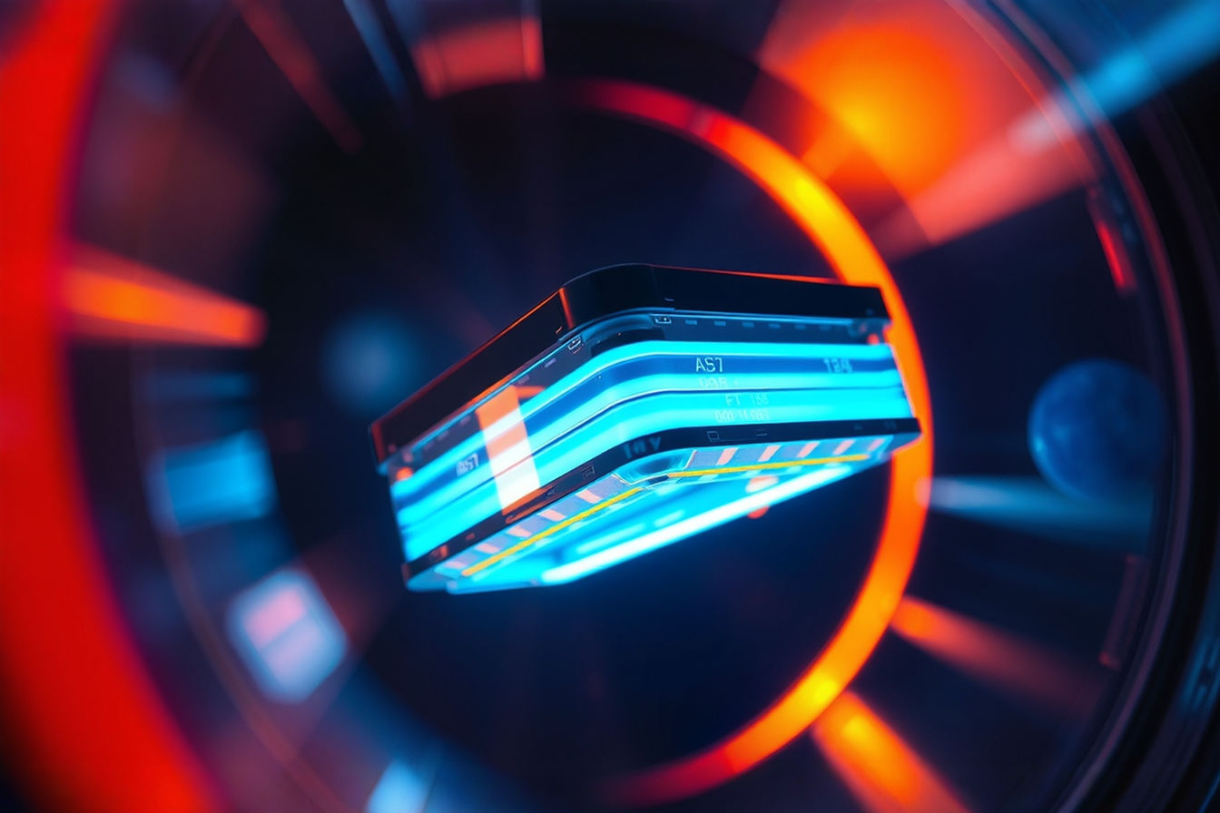 A professional close-up photograph of a glowing, blue-tinted solid state battery cell suspended in a dark vacuum chamber. The image should show the layered internal structure of the battery with clean, sharp edges against the stark blackness of the vacuum environment. A faint reflection of stars or Earth is visible on the polished surface of the battery housing, suggesting its space applications.