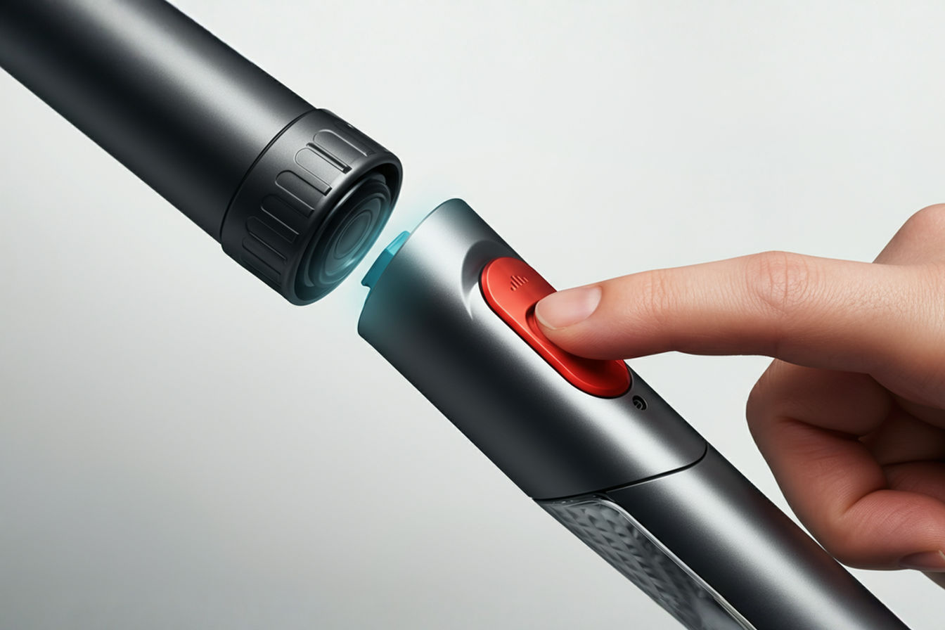 Professional product photography of a modern vacuum cleaner's quick-release mechanism in action. Close-up shot showing a human finger pressing a bright red quick-release button on a sleek vacuum wand, with an attachment visibly detaching with a small gap of separation. The image should be crisp with studio lighting against a clean white background, creating subtle shadows that highlight the mechanism's design details. Focus should be sharp on the release button and connection point, with the rest of the vacuum slightly blurred. The composition should communicate simplicity and innovation, with the attachment appearing to effortlessly disconnect. Include visible design elements like ergonomic contours and premium materials to convey quality engineering. The perspective should be slightly angled to show both the button being pressed and the attachment separating, capturing the exact moment of release.