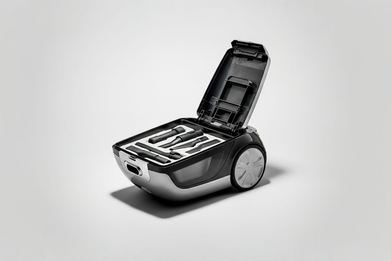 Professional studio photograph of a modern vacuum cleaner with its integrated storage compartment open, displaying a complete set of specialized attachments neatly arranged within custom-molded slots. The vacuum should be positioned at a 45-degree angle against a clean white background with soft, even lighting highlighting the engineering precision of the storage system. A subtle shadow beneath emphasizes the three-dimensional quality of the image.