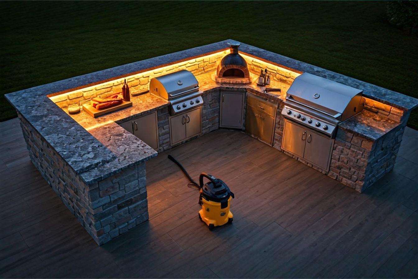 Overhead view of a pristine modern outdoor kitchen with stone countertops, built-in grill, and pizza oven, with a professional-grade wet/dry vacuum positioned nearby. Warm evening lighting creates an inviting atmosphere while highlighting the clean surfaces and organized space.