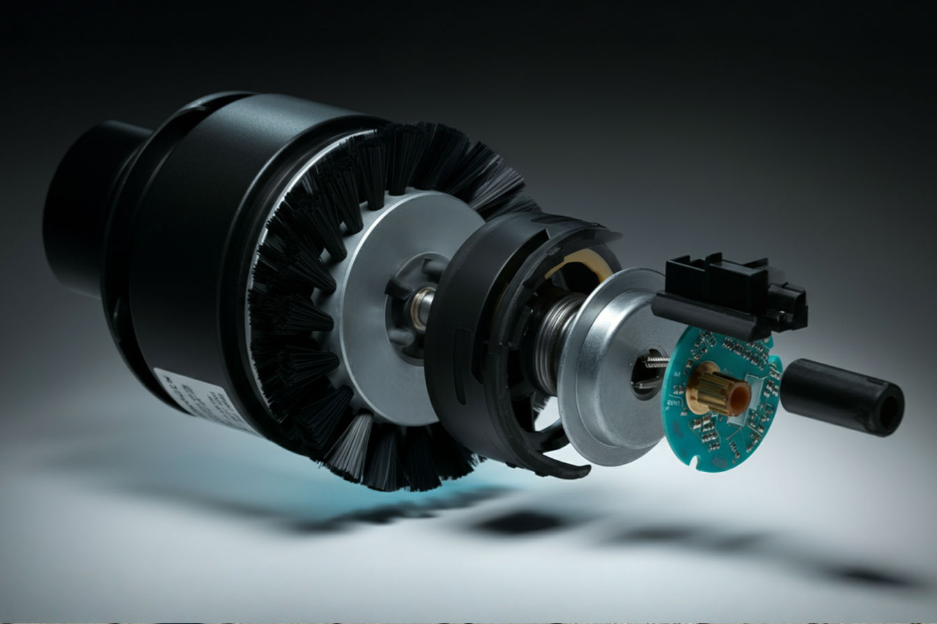 A professional product photography style image showing an exploded view of a premium motorized vacuum attachment with its internal components visible. The brush roll should be prominently displayed in the foreground with the motor unit partially visible. The image should have a clean white background with subtle shadows for depth, and crisp lighting that highlights the technical details and engineering of the components. A soft blue accent light could provide visual interest while maintaining the professional, technical aesthetic.