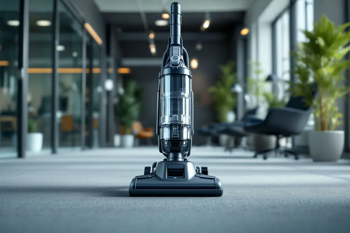 A professional-grade upright commercial vacuum cleaner positioned in a modern business environment with clean carpet visible in the foreground. The vacuum should appear sturdy and robust with metal components visible, showcasing its commercial-grade construction. The lighting should be bright and clear, highlighting the vacuum's professional features while creating a sense of cleanliness and efficiency in the workspace.