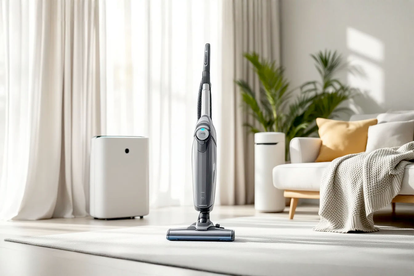 A professional, well-lit interior photograph showing a modern living room with a sleek HEPA vacuum cleaner positioned in the foreground and a stylish air purifier operating in the background. The room appears clean and bright with sunlight filtering through sheer curtains, creating a visually appealing atmosphere that conveys freshness and cleanliness. The composition suggests coordination between the two devices working together to maintain healthy indoor air quality.