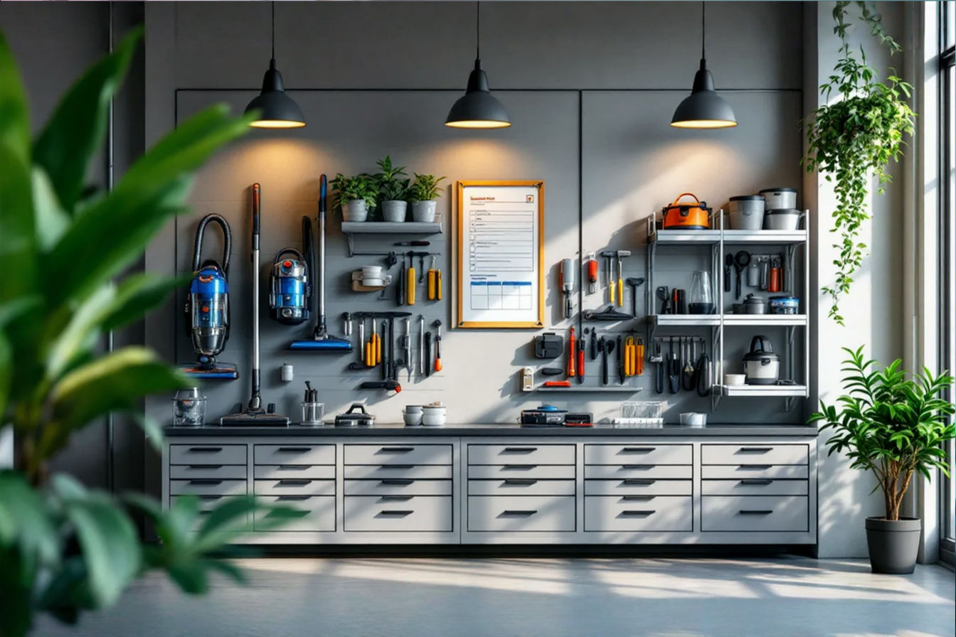 A professional, well-lit photograph of a meticulously organized vacuum care station with wall-mounted vacuum storage, a clean workbench with maintenance tools neatly arranged, clearly labeled parts drawers, and a maintenance checklist prominently displayed. The image should convey organization, efficiency, and professionalism with a subtle industrial aesthetic.