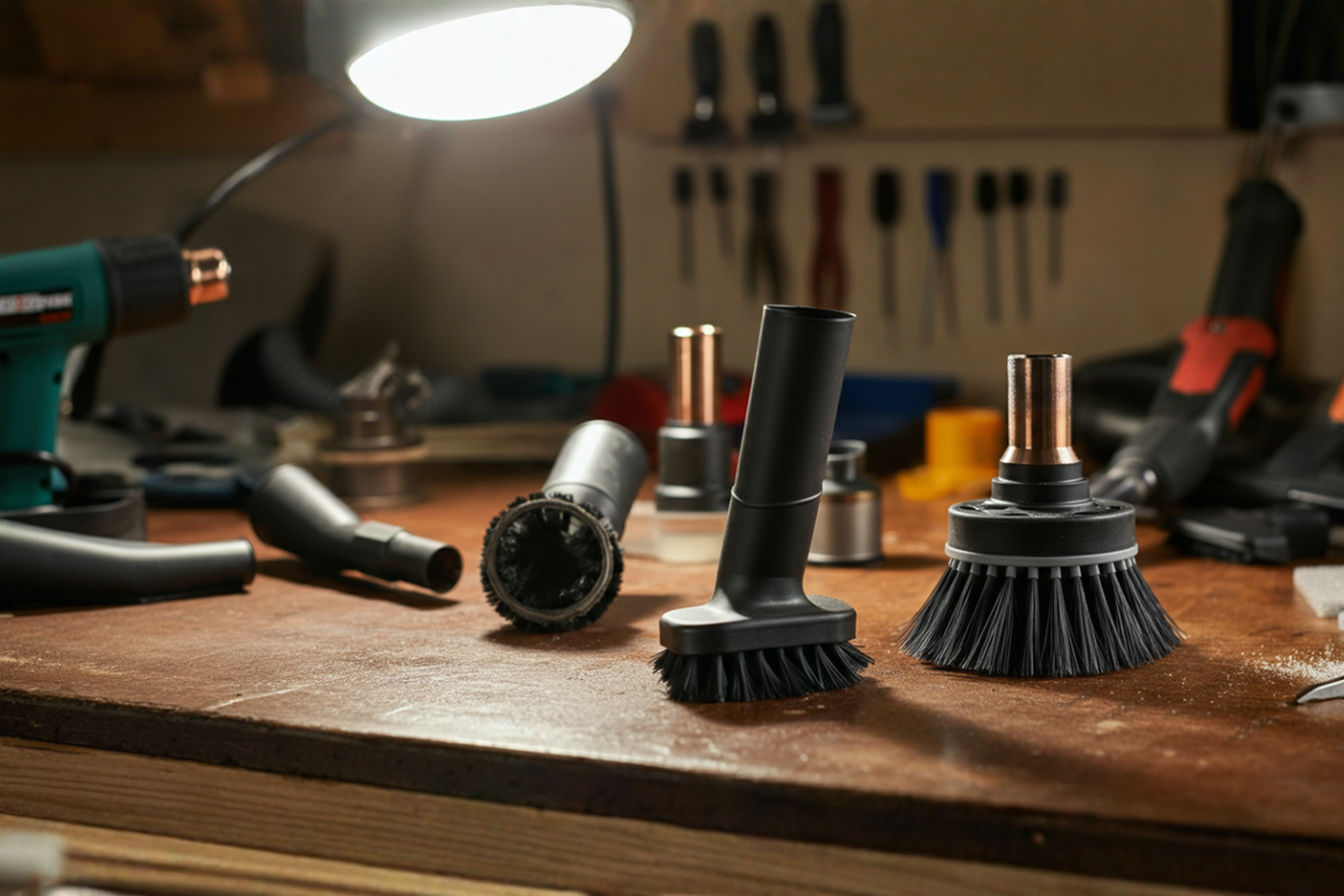 Professional photography style image showing a well-lit workbench with various modified vacuum attachments displayed prominently. Include tools like a heat gun, rotary tool, and materials scattered nearby. One attachment should be partially disassembled to show the modification process. The background should feature a clean, organized workshop setting with proper lighting that highlights the intricate details of the custom attachments. Include a completed custom brush attachment being tested on a difficult cleaning surface to demonstrate practical application.