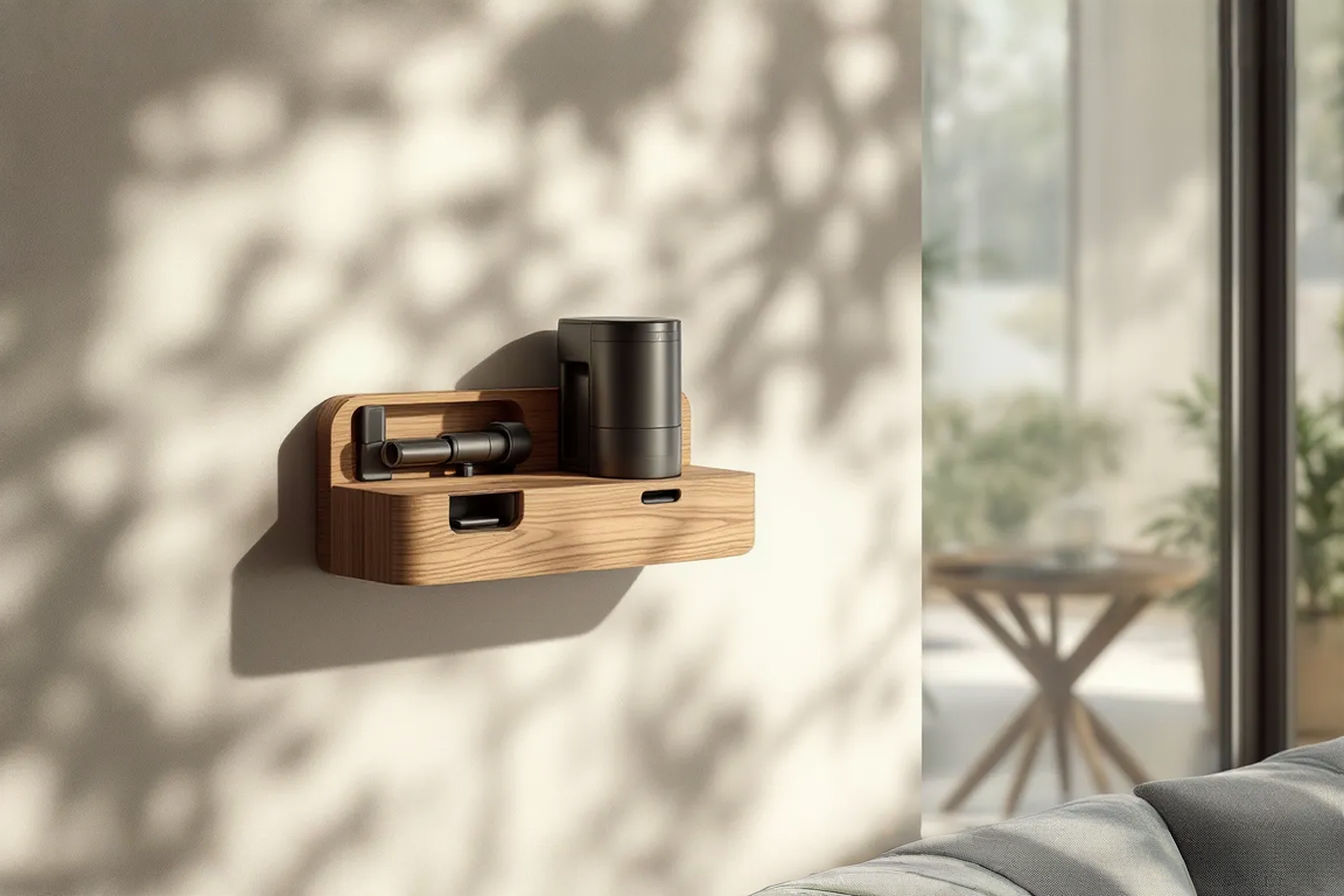 A sleek, wall-mounted wooden charging station holding a modern cordless vacuum with integrated attachment storage, styled against a minimal, contemporary interior setting with soft, natural lighting highlighting the wood grain texture.