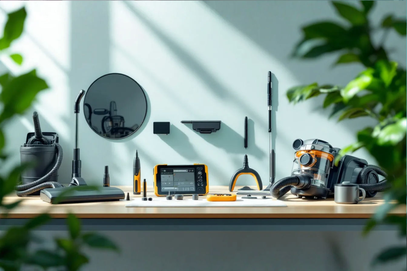 Professional-quality diagnostic tools arranged neatly on a workbench, with a partially disassembled vacuum cleaner nearby. Soft, natural lighting highlights the precision instruments against a clean, uncluttered background.