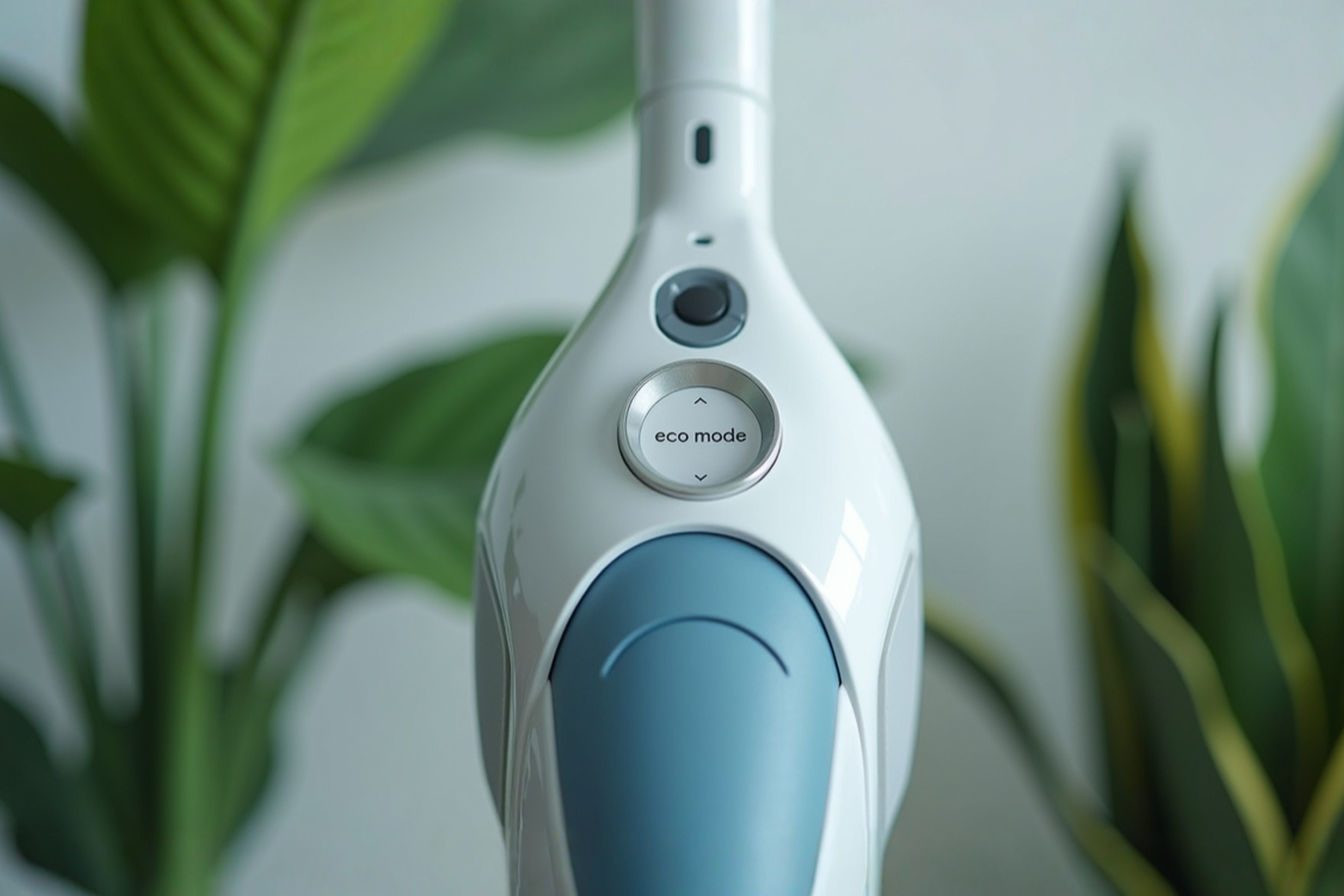 A well-lit, modern kitchen setting with a person efficiently using an energy-efficient vacuum cleaner. The image shows a close-up of hands adjusting the power setting to "eco-mode" on a sleek, contemporary vacuum with visible energy-efficiency rating label. Warm natural lighting highlights the cleanliness of the hardwood floor that's being vacuumed, with a power usage meter visible in the corner of the frame displaying reduced consumption levels. The composition suggests efficiency and mindful resource usage with a clean, minimalist aesthetic.